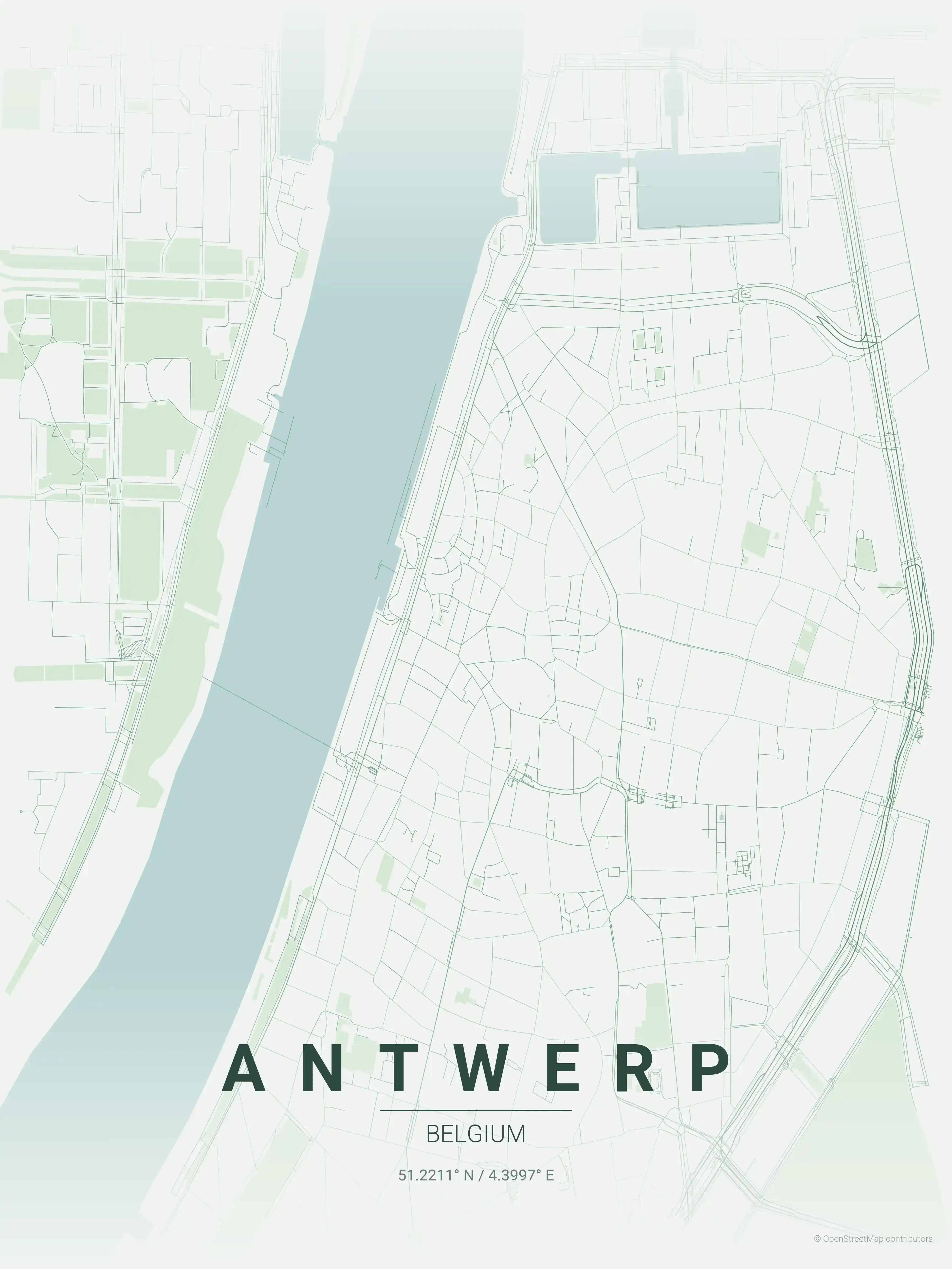 Minimalist forest street map of Antwerp, Belgium - Urban grid art