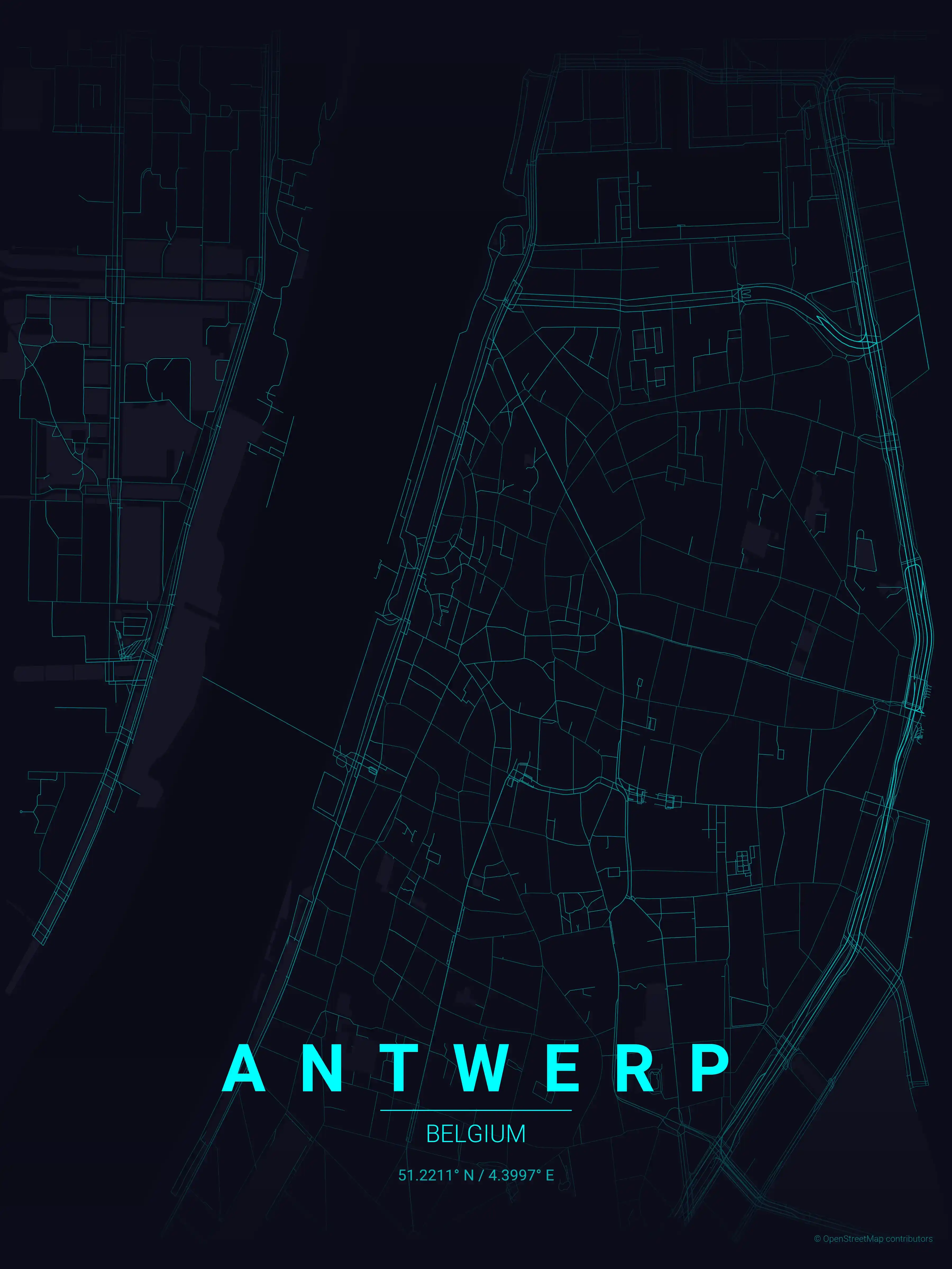 Minimalist neon_cyberpunk street map of Antwerp, Belgium - Urban grid art
