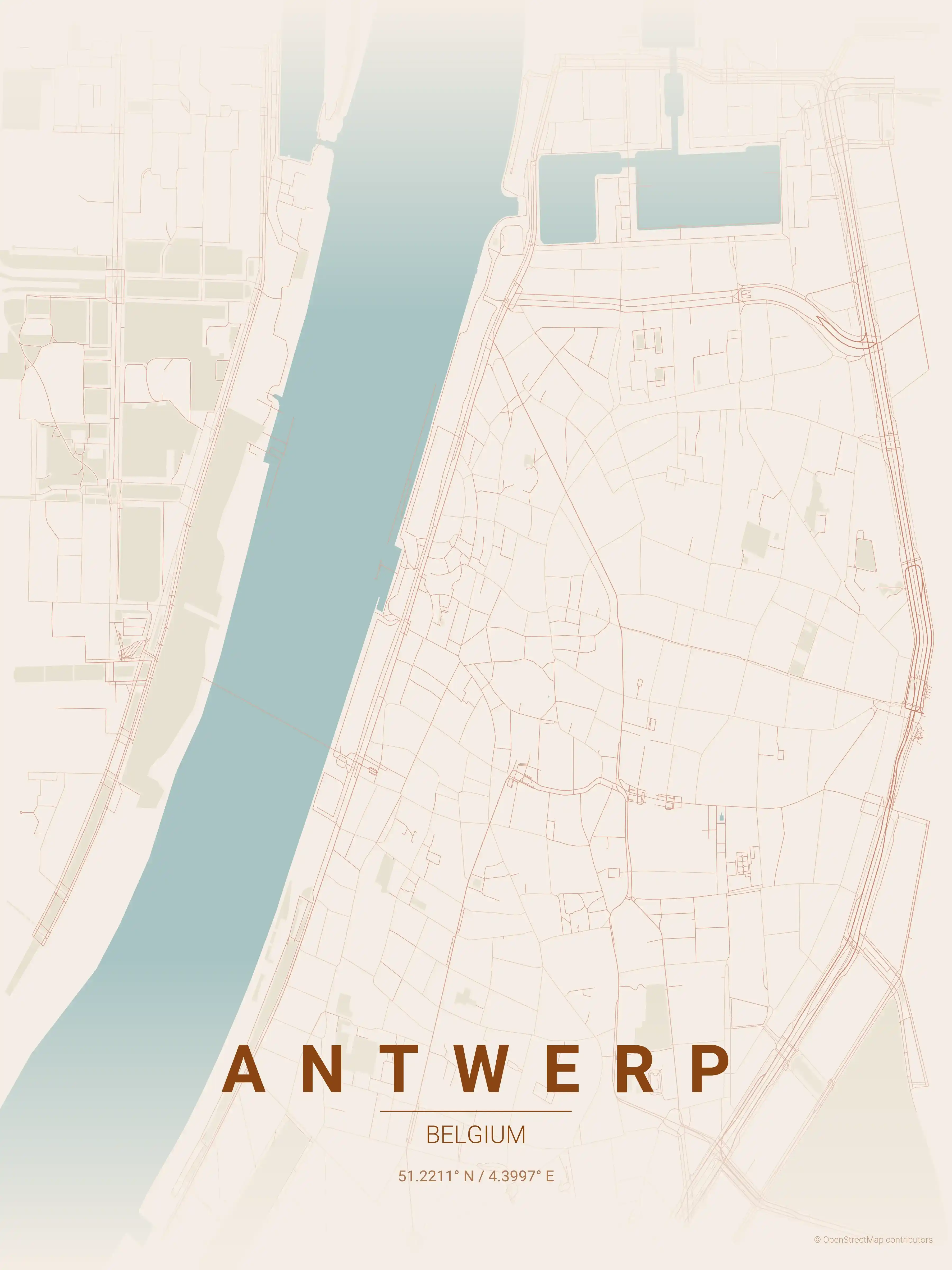 Minimalist terracotta street map of Antwerp, Belgium - Urban grid art