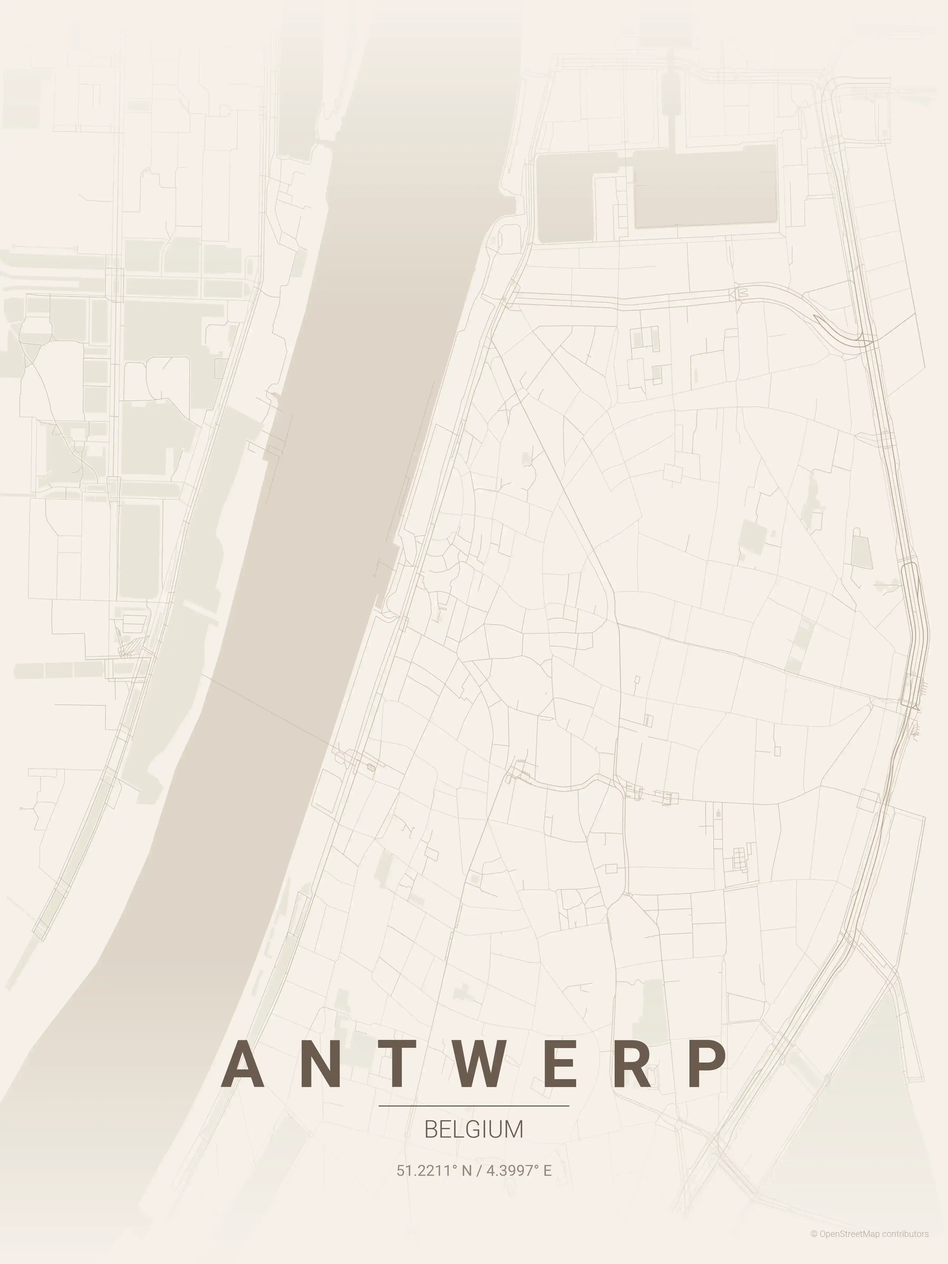 Minimalist warm_beige street map of Antwerp, Belgium - Urban grid art
