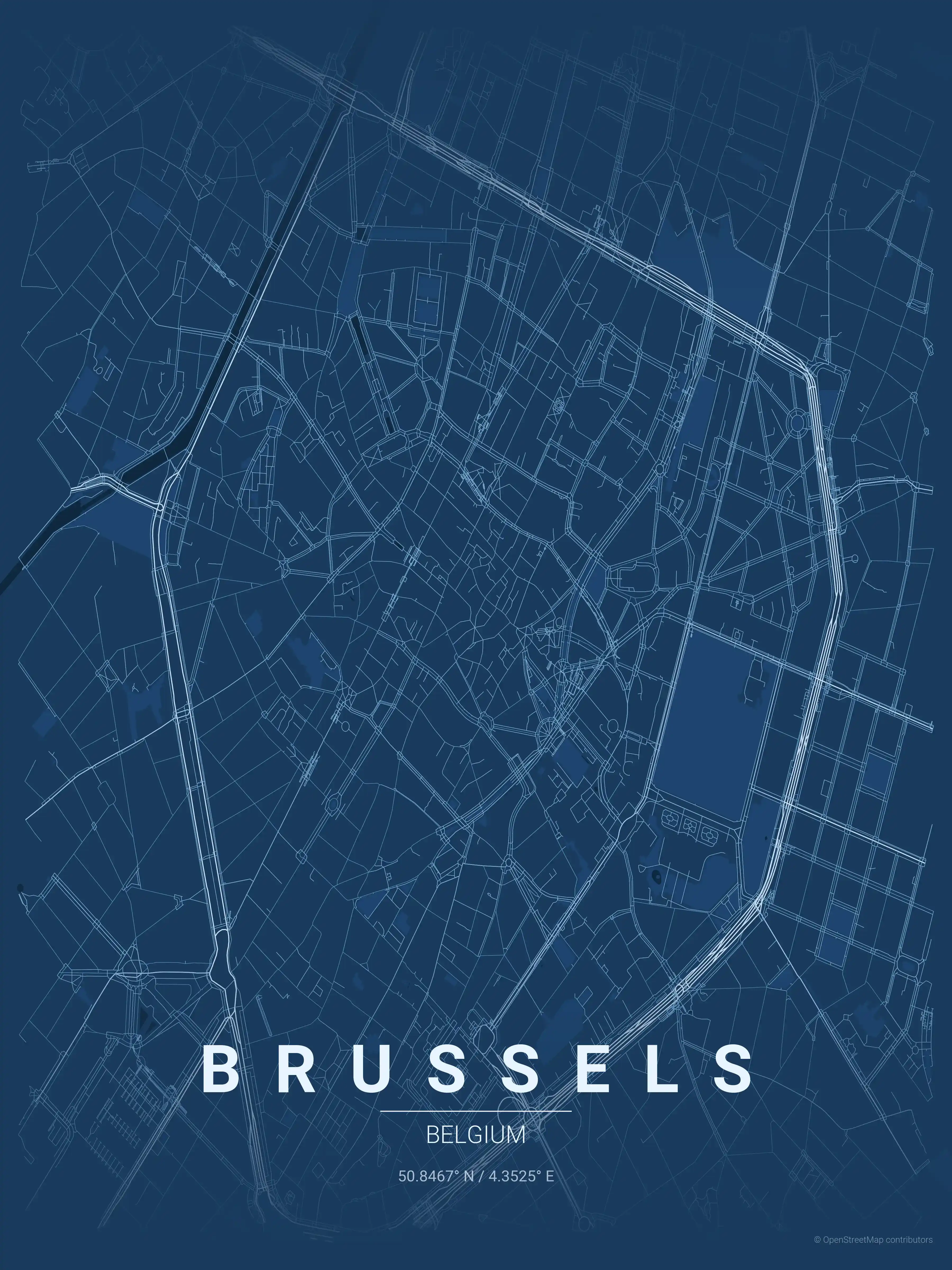 Minimalist blueprint street map of Brussels, Belgium - Urban grid art