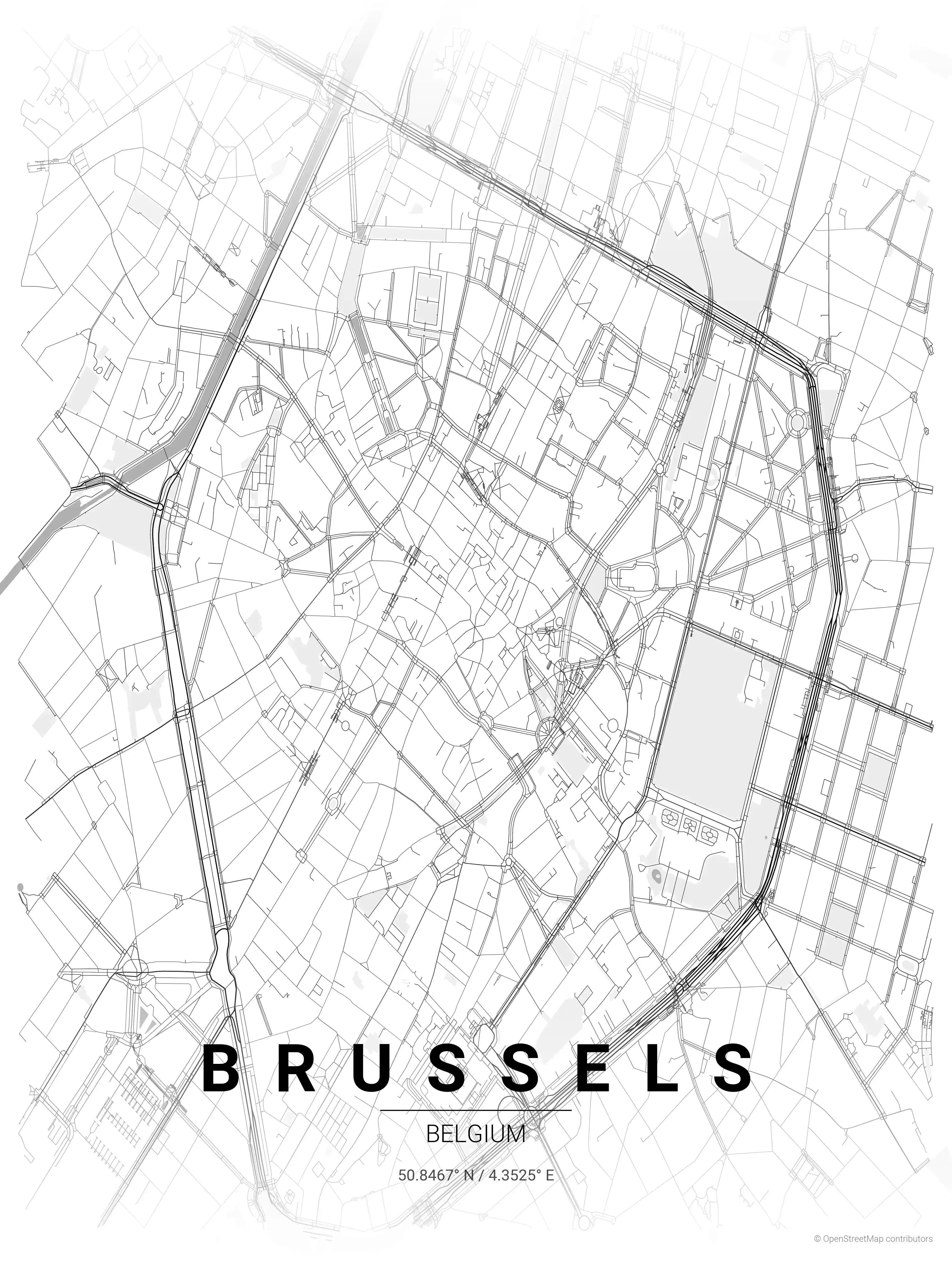 Minimalist contrast zones street map of Brussels, Belgium