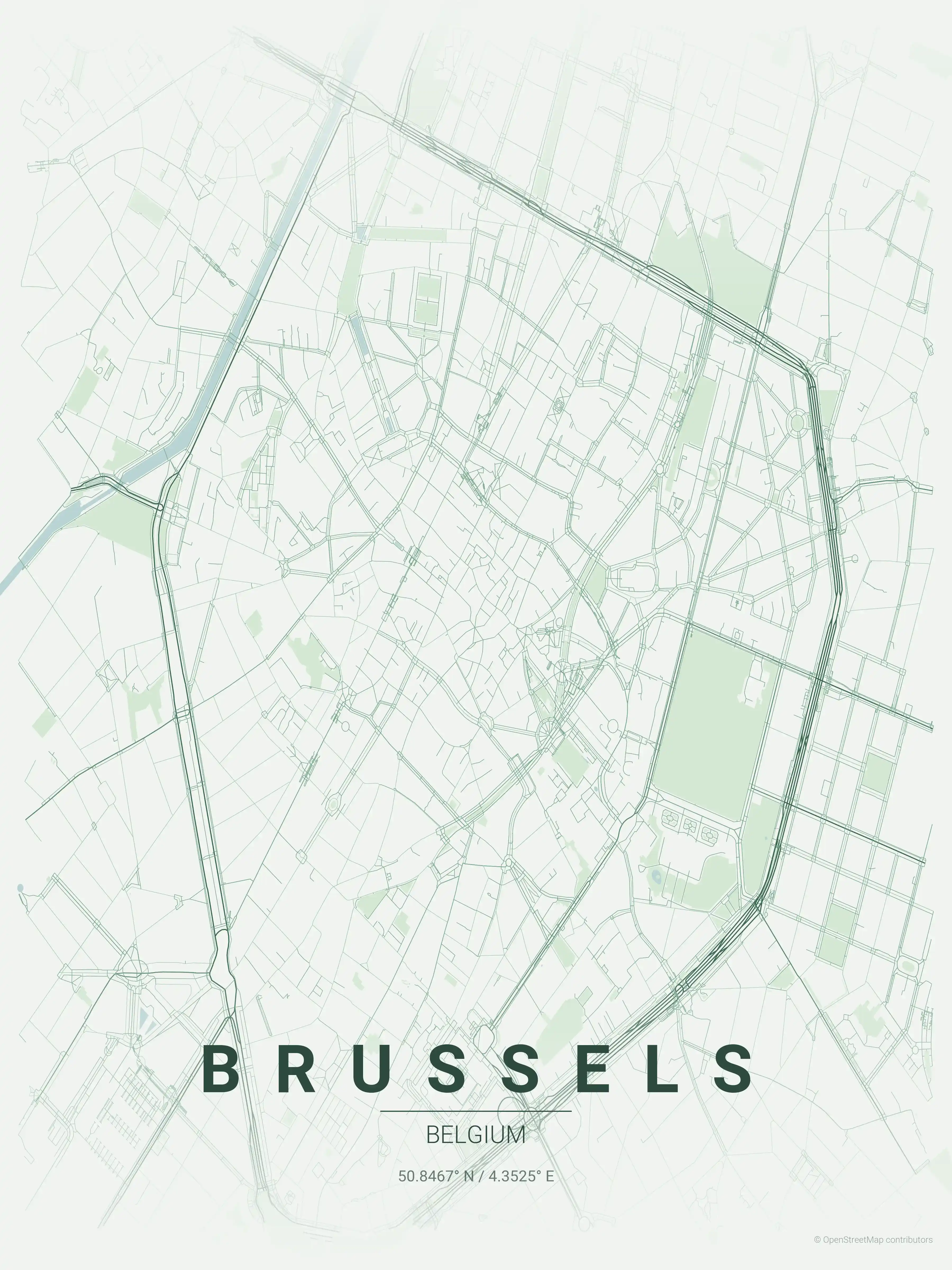 Minimalist forest street map of Brussels, Belgium - Urban grid art