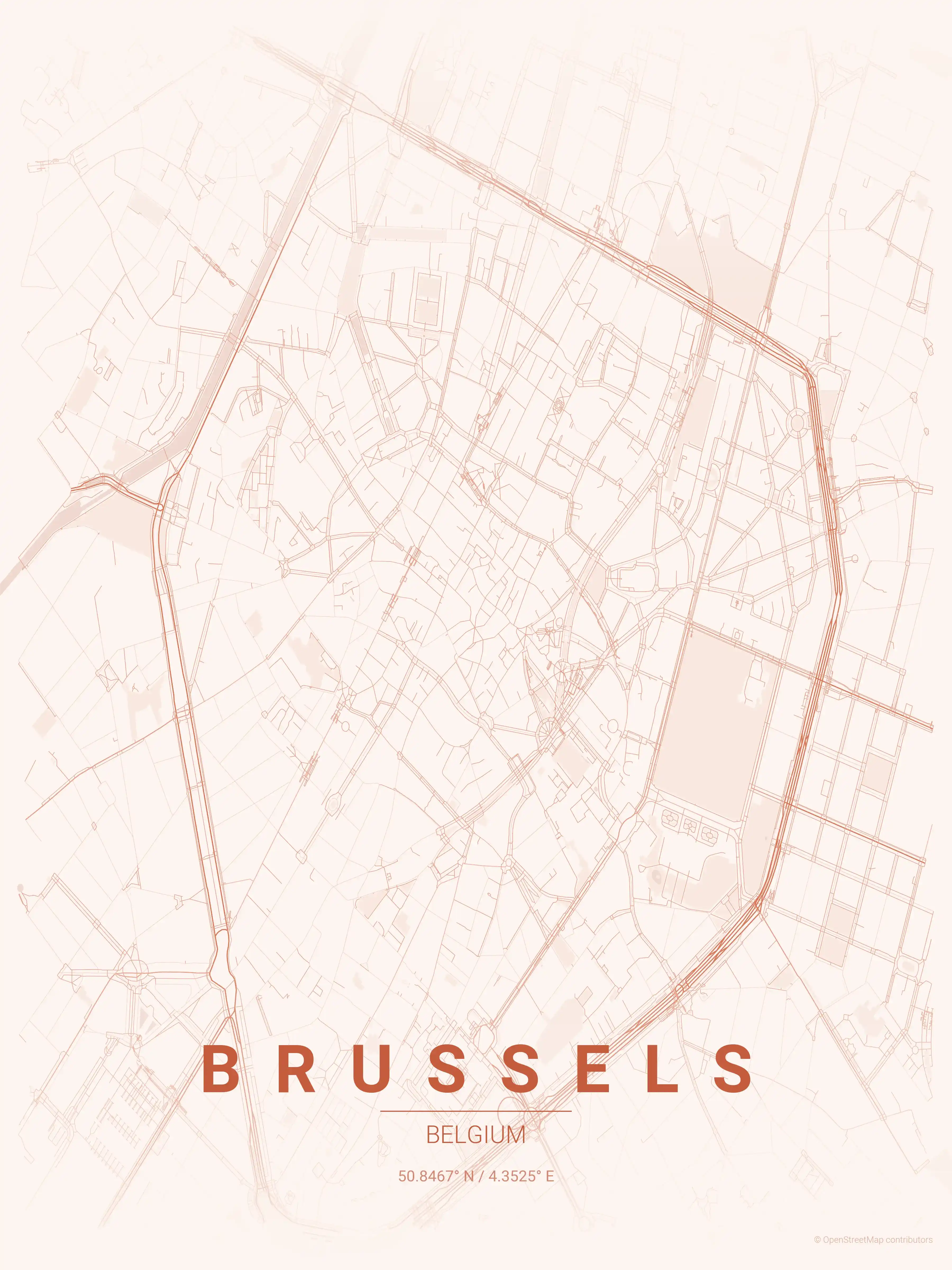 Minimalist sunset street map of Brussels, Belgium - Urban grid art