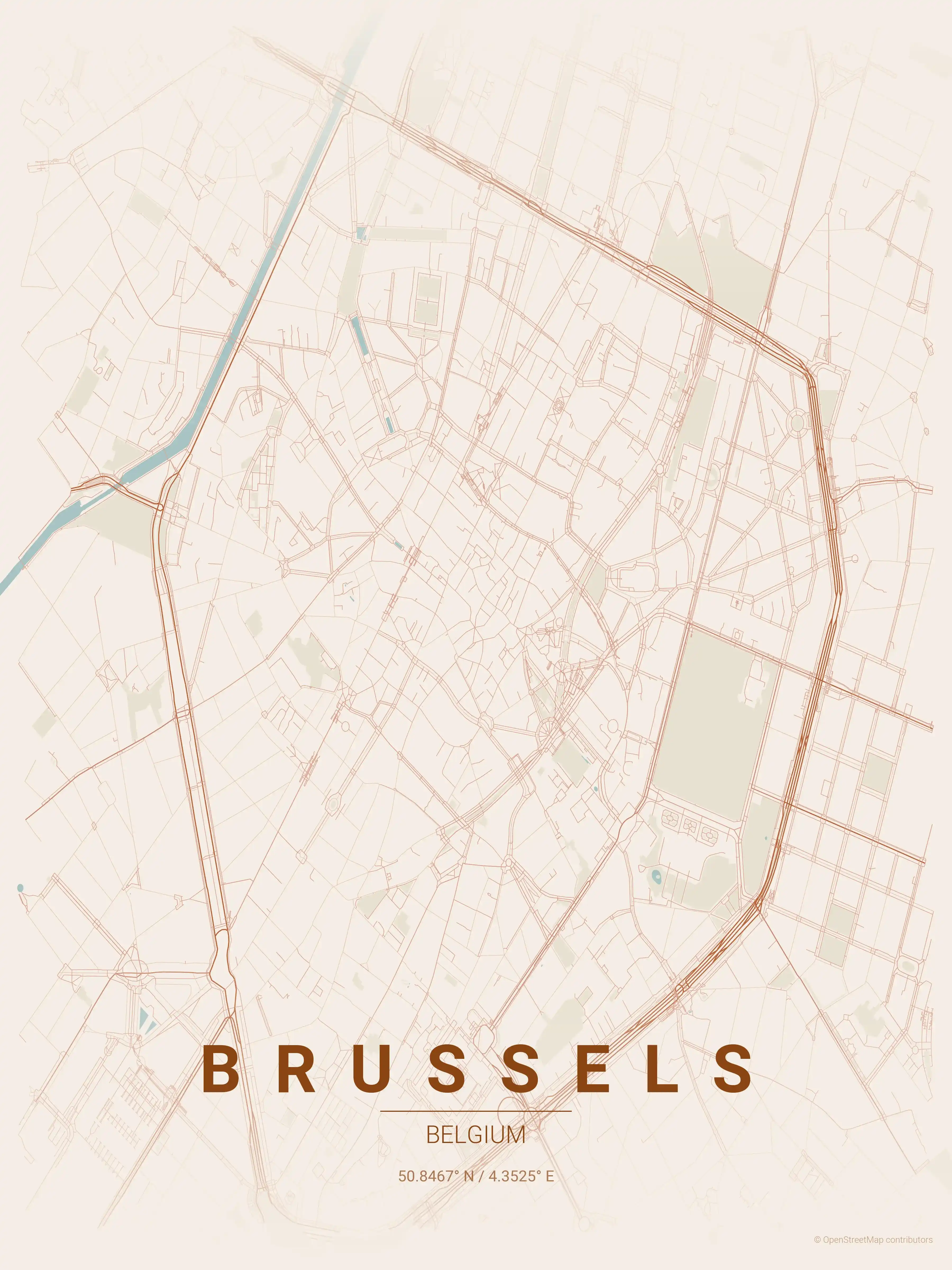Minimalist terracotta street map of Brussels, Belgium - Urban grid art