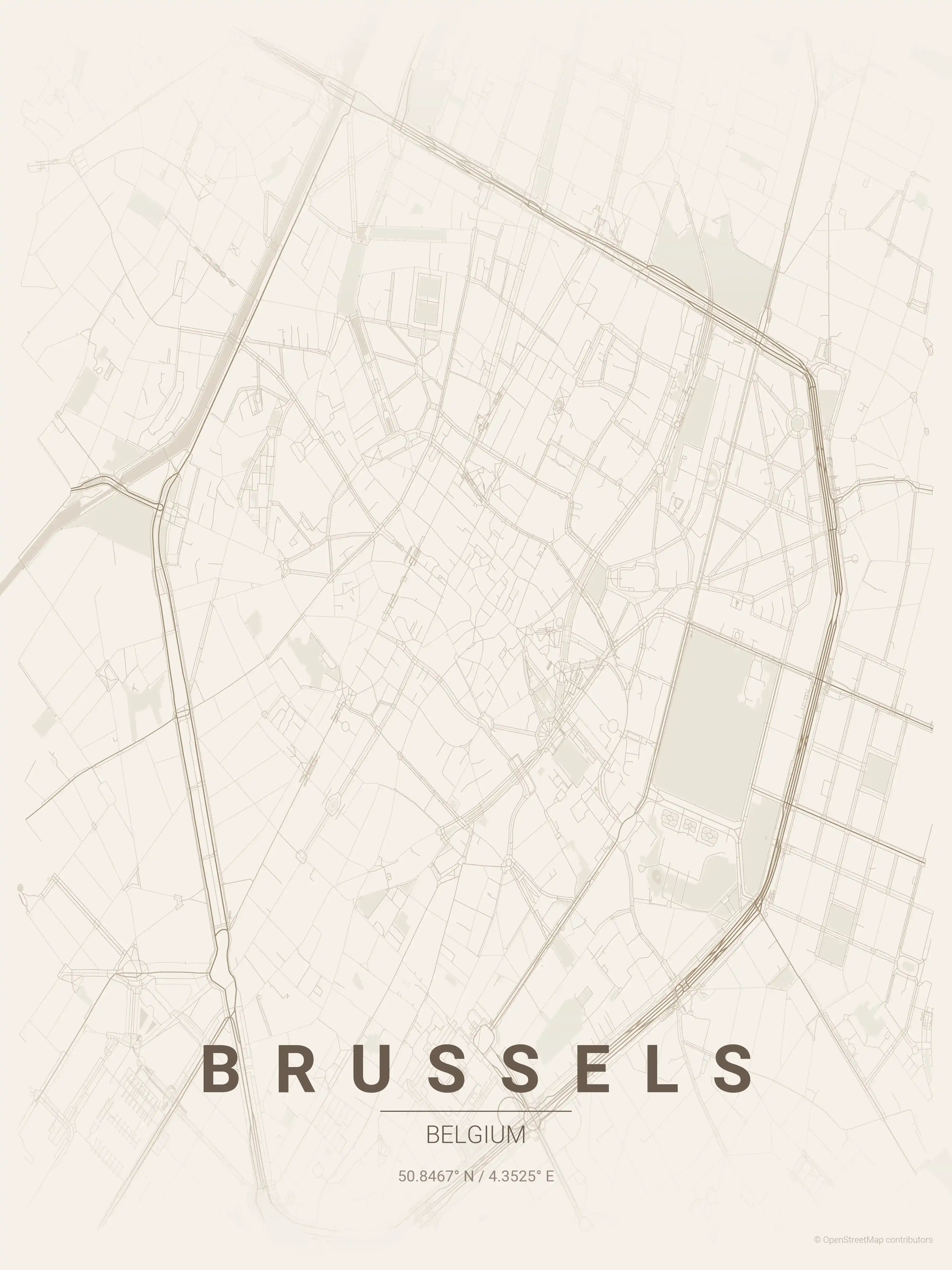 Minimalist warm_beige street map of Brussels, Belgium - Urban grid art