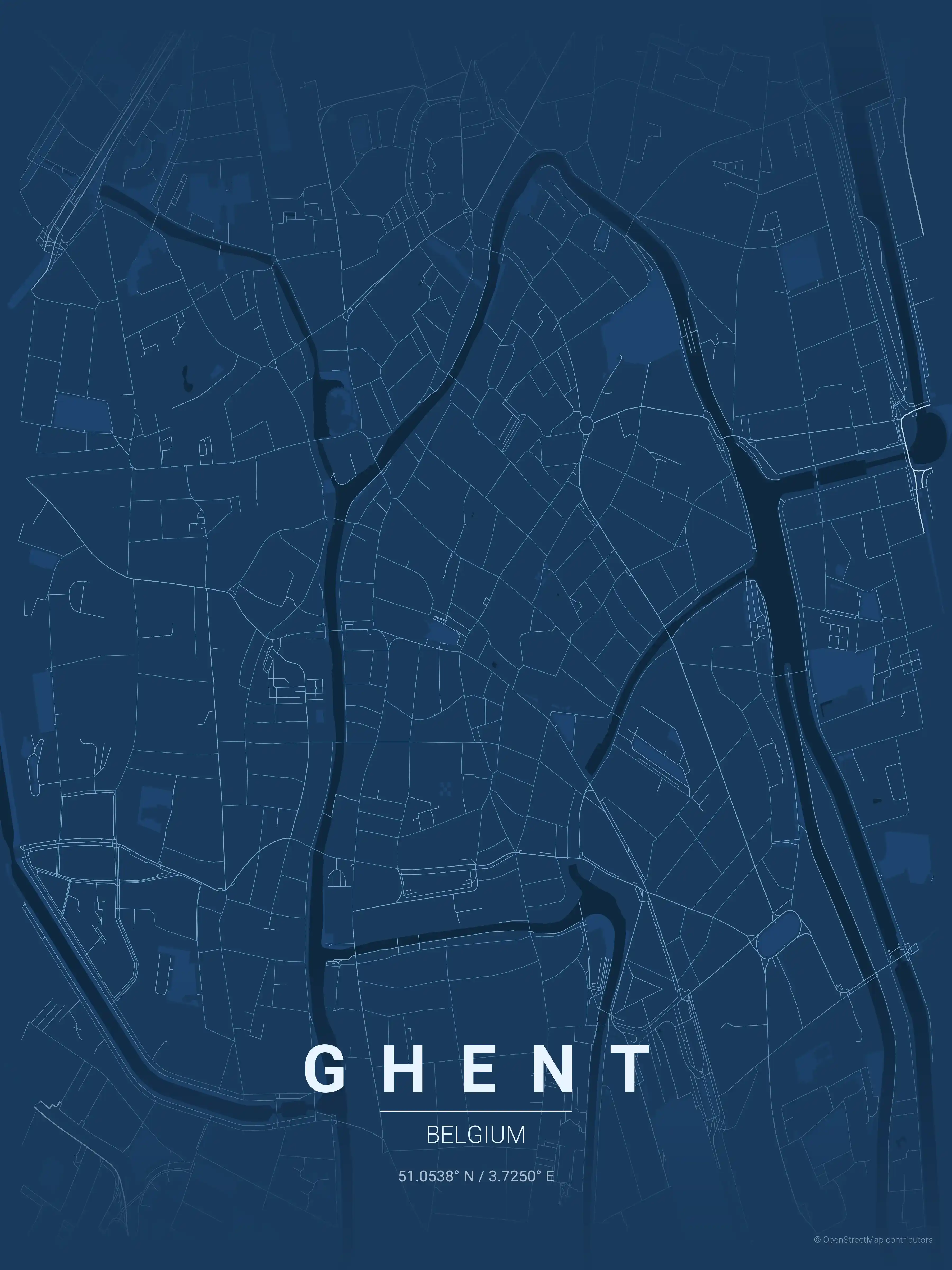 Minimalist blueprint street map of Ghent, Belgium - Urban grid art