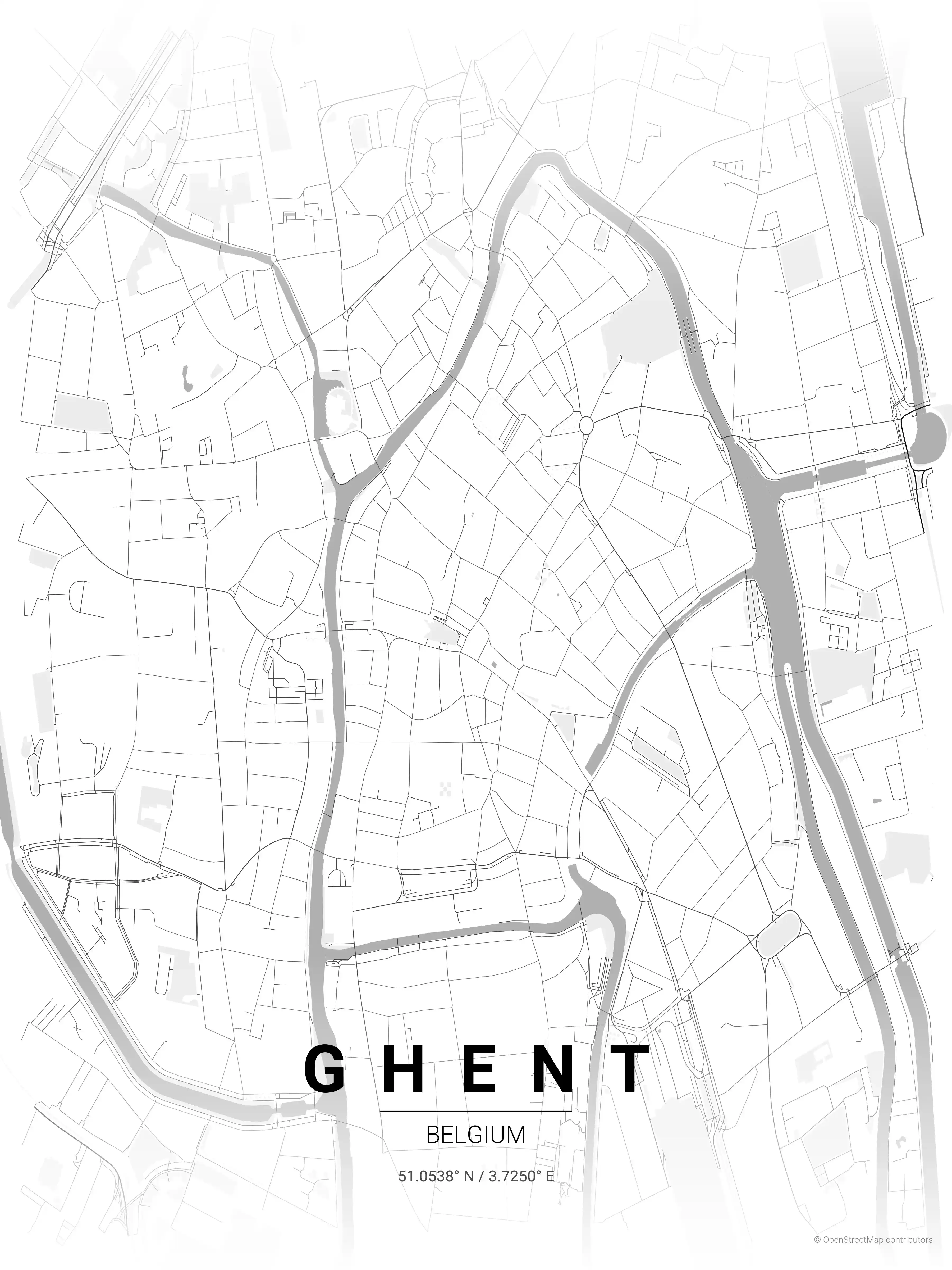 Minimalist contrast zones street map of Ghent, Belgium