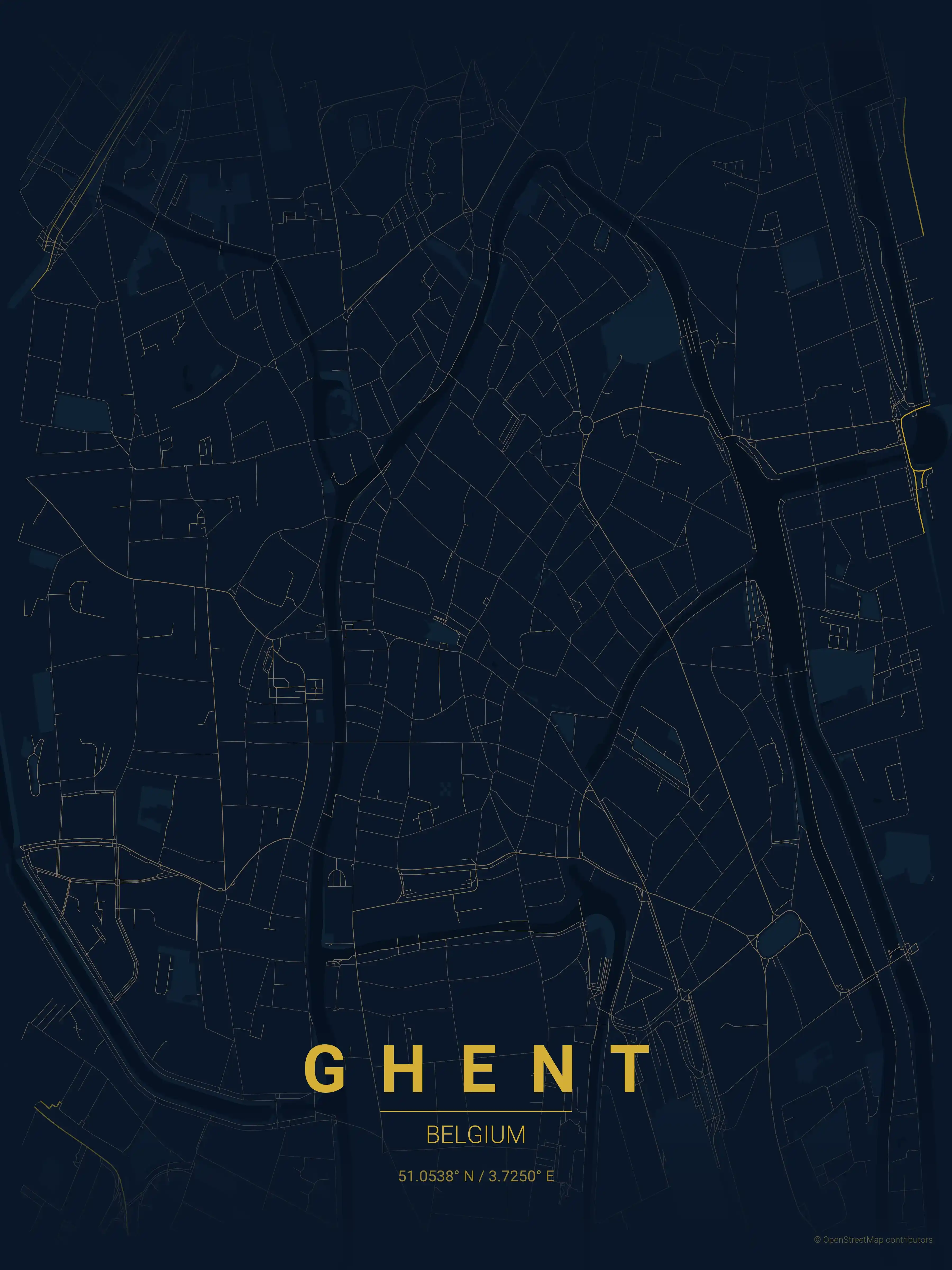 Minimalist midnight_blue street map of Ghent, Belgium - Urban grid art