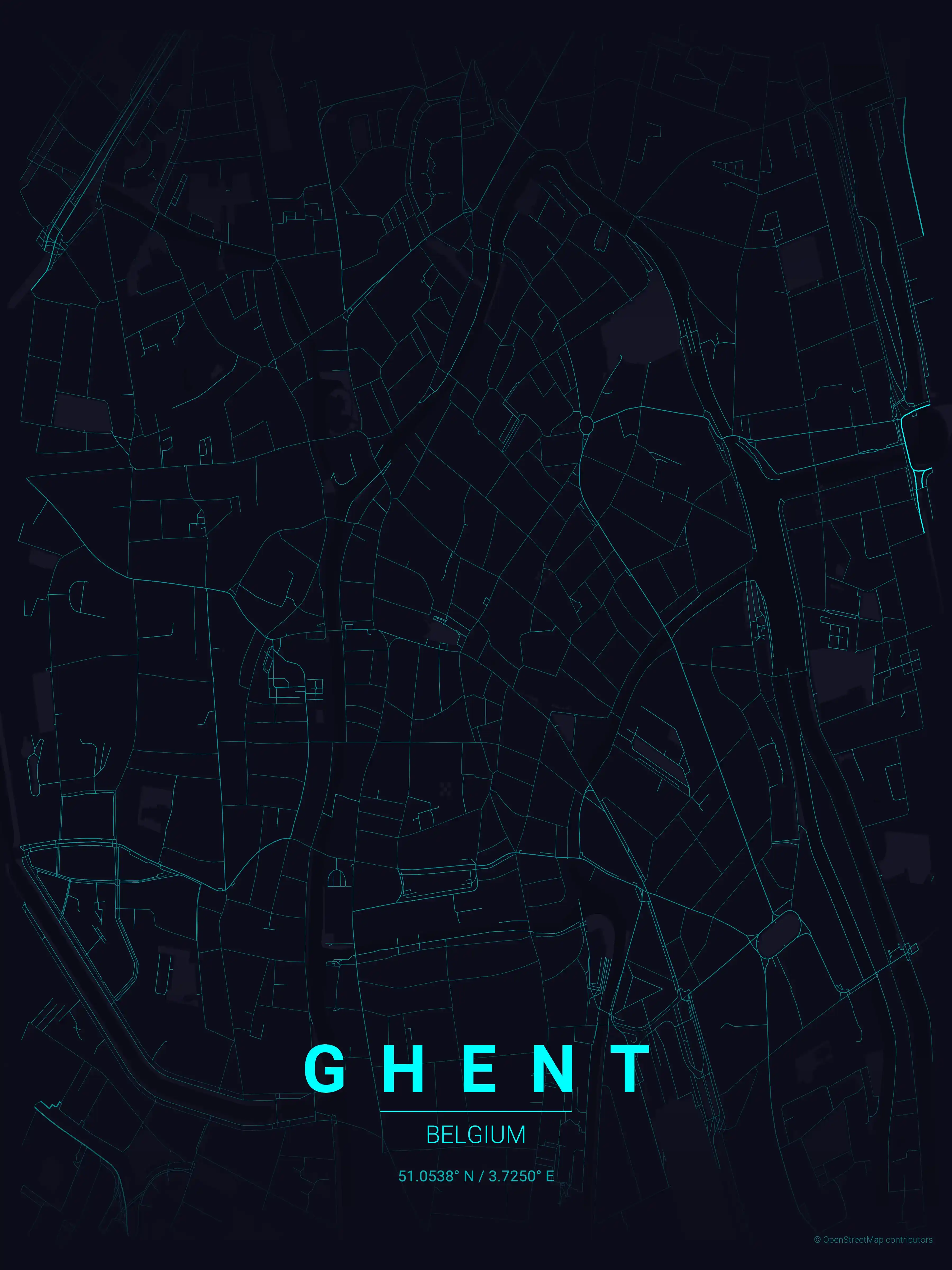 Minimalist neon_cyberpunk street map of Ghent, Belgium - Urban grid art