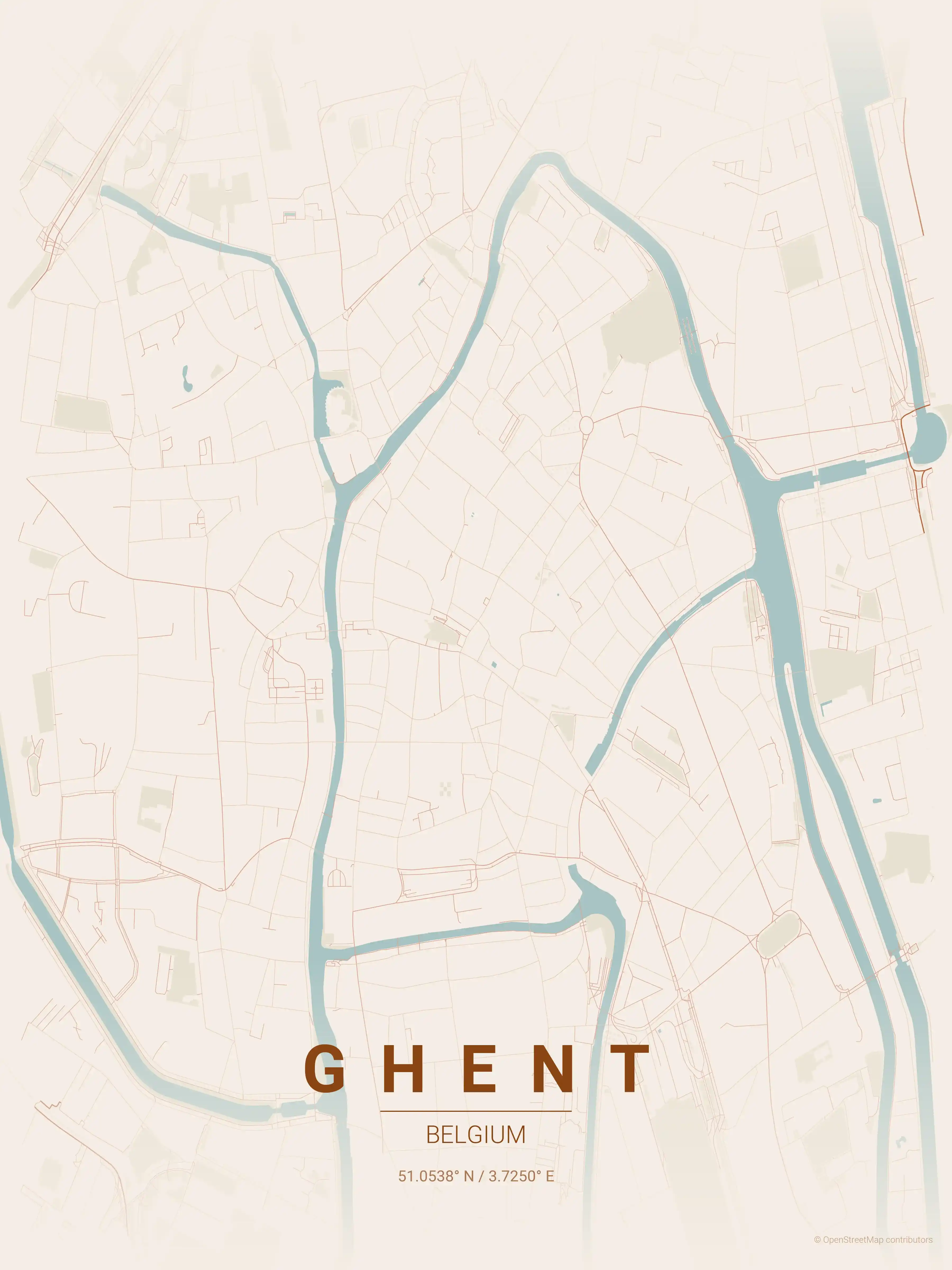 Minimalist terracotta street map of Ghent, Belgium - Urban grid art