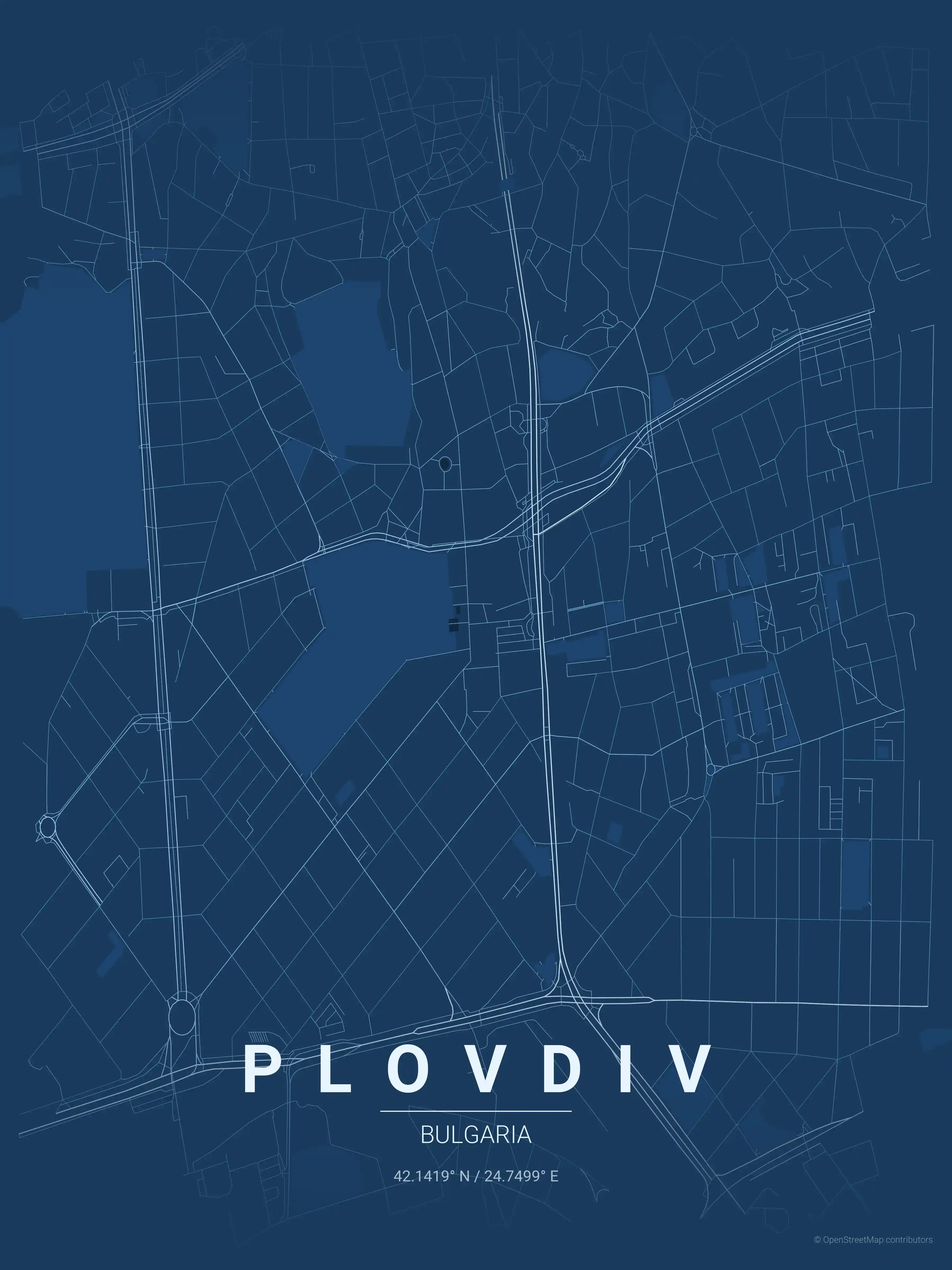 Minimalist blueprint street map of Plovdiv, Bulgaria - Urban grid art