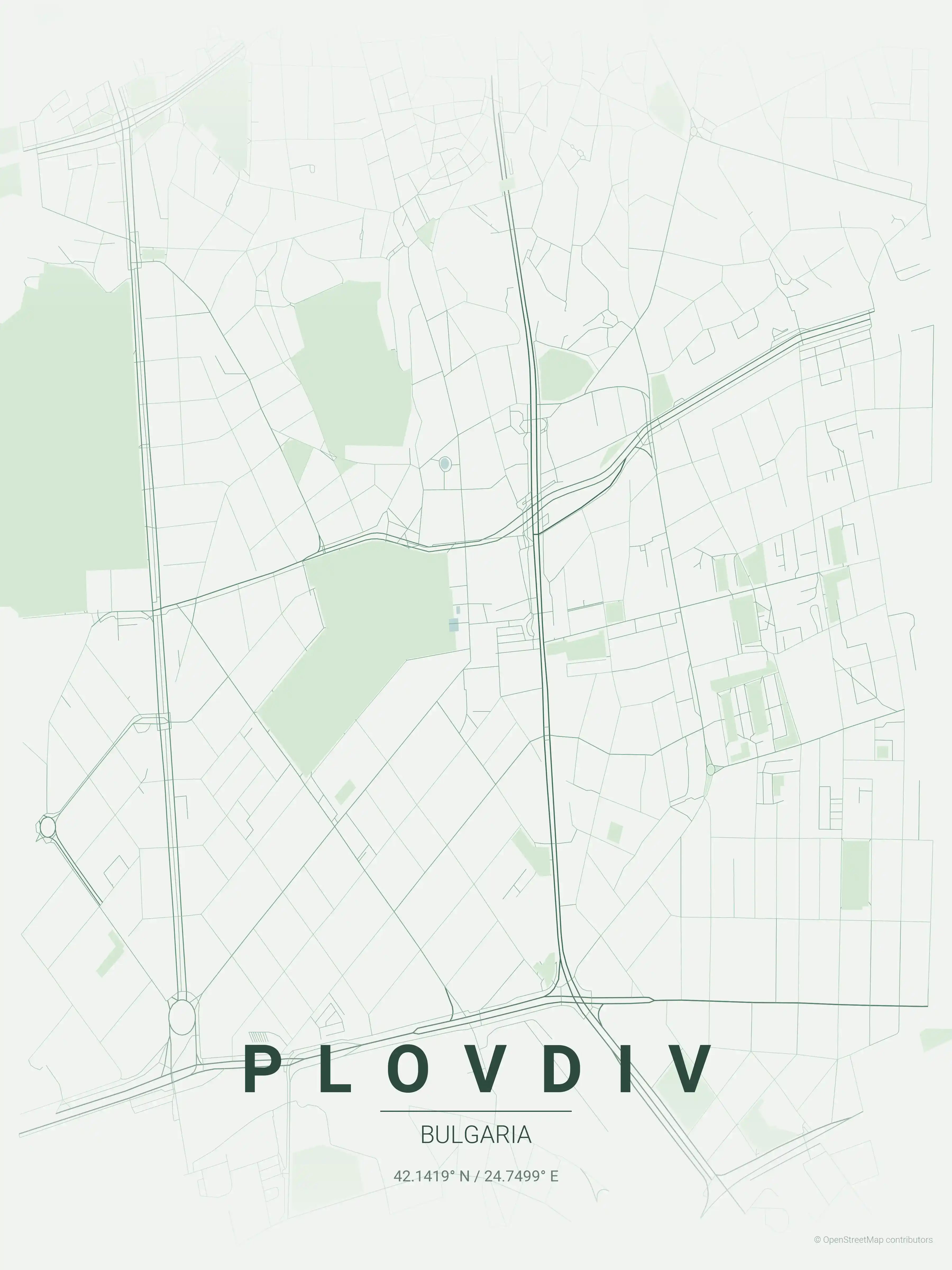 Minimalist forest street map of Plovdiv, Bulgaria - Urban grid art
