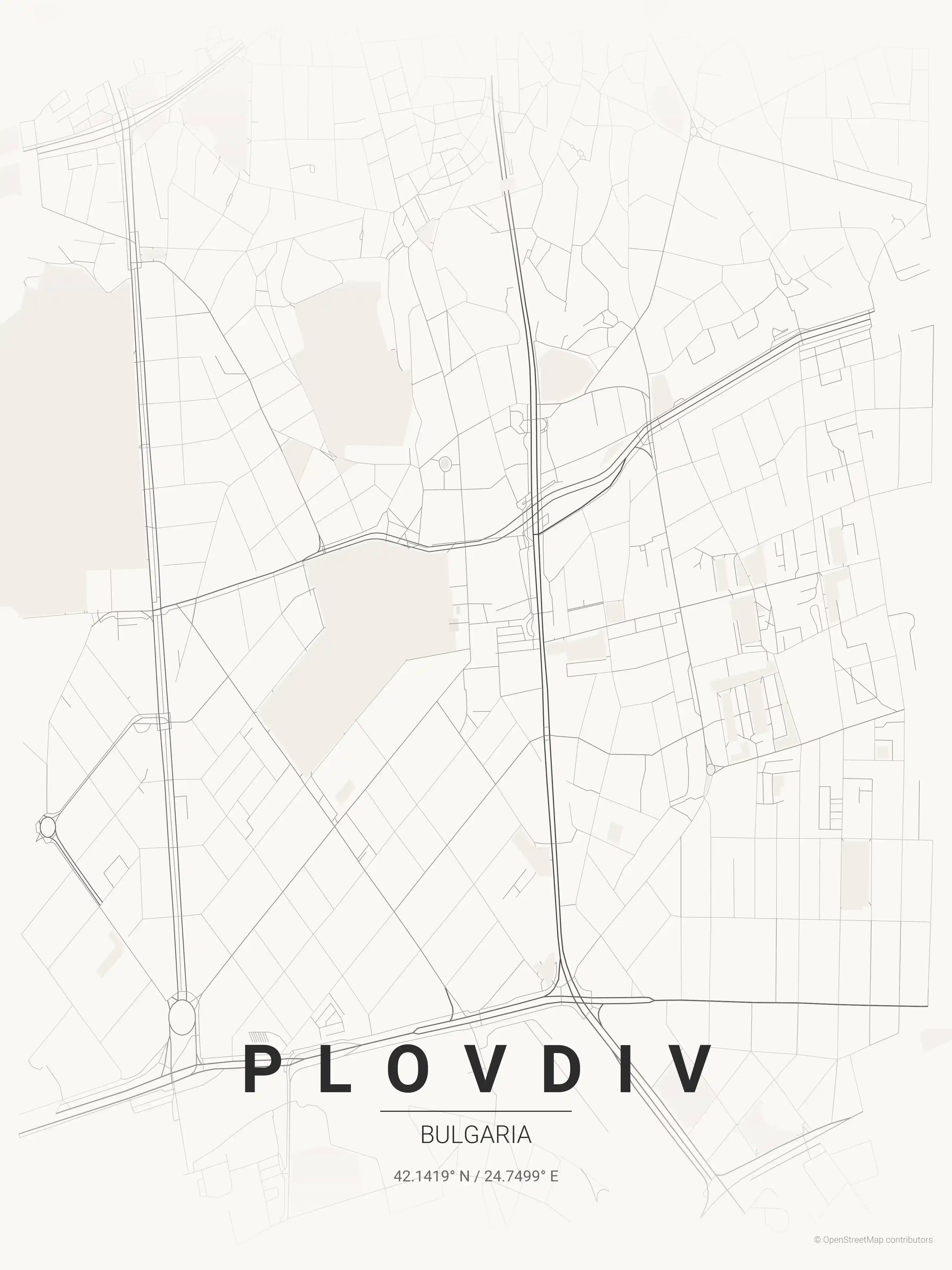 Minimalist japanese_ink street map of Plovdiv, Bulgaria - Urban grid art