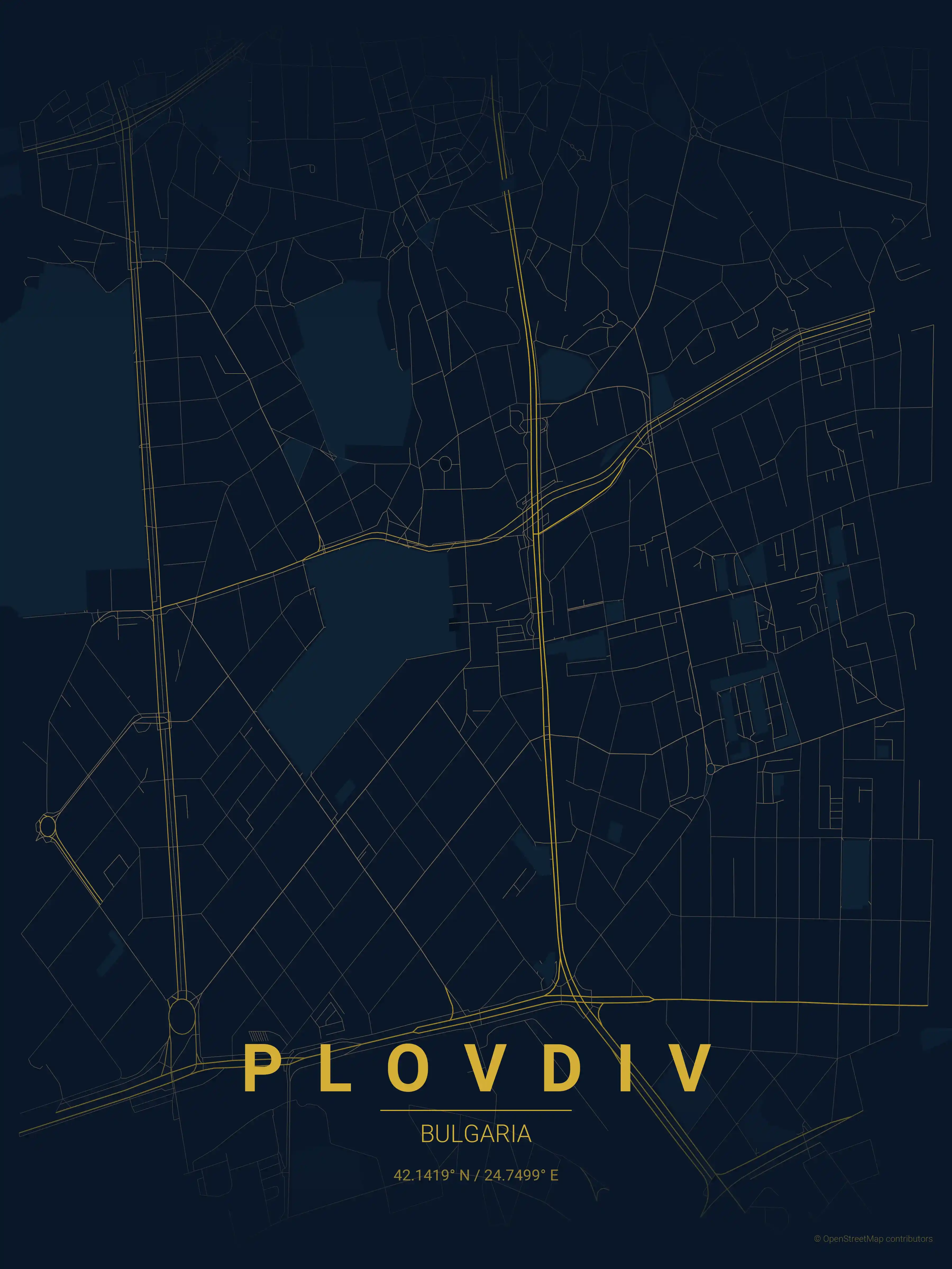 Minimalist midnight_blue street map of Plovdiv, Bulgaria - Urban grid art