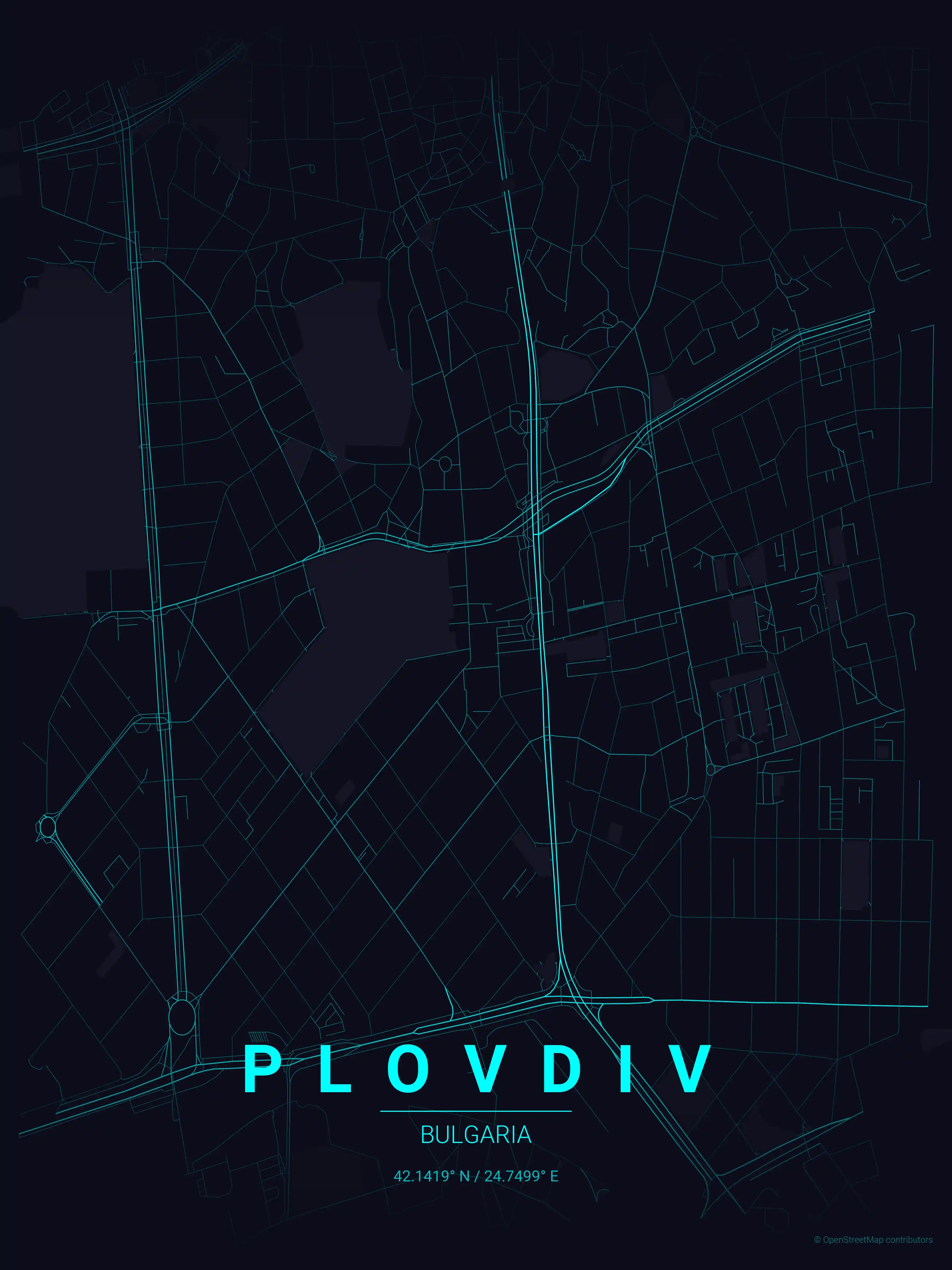 Minimalist neon_cyberpunk street map of Plovdiv, Bulgaria - Urban grid art