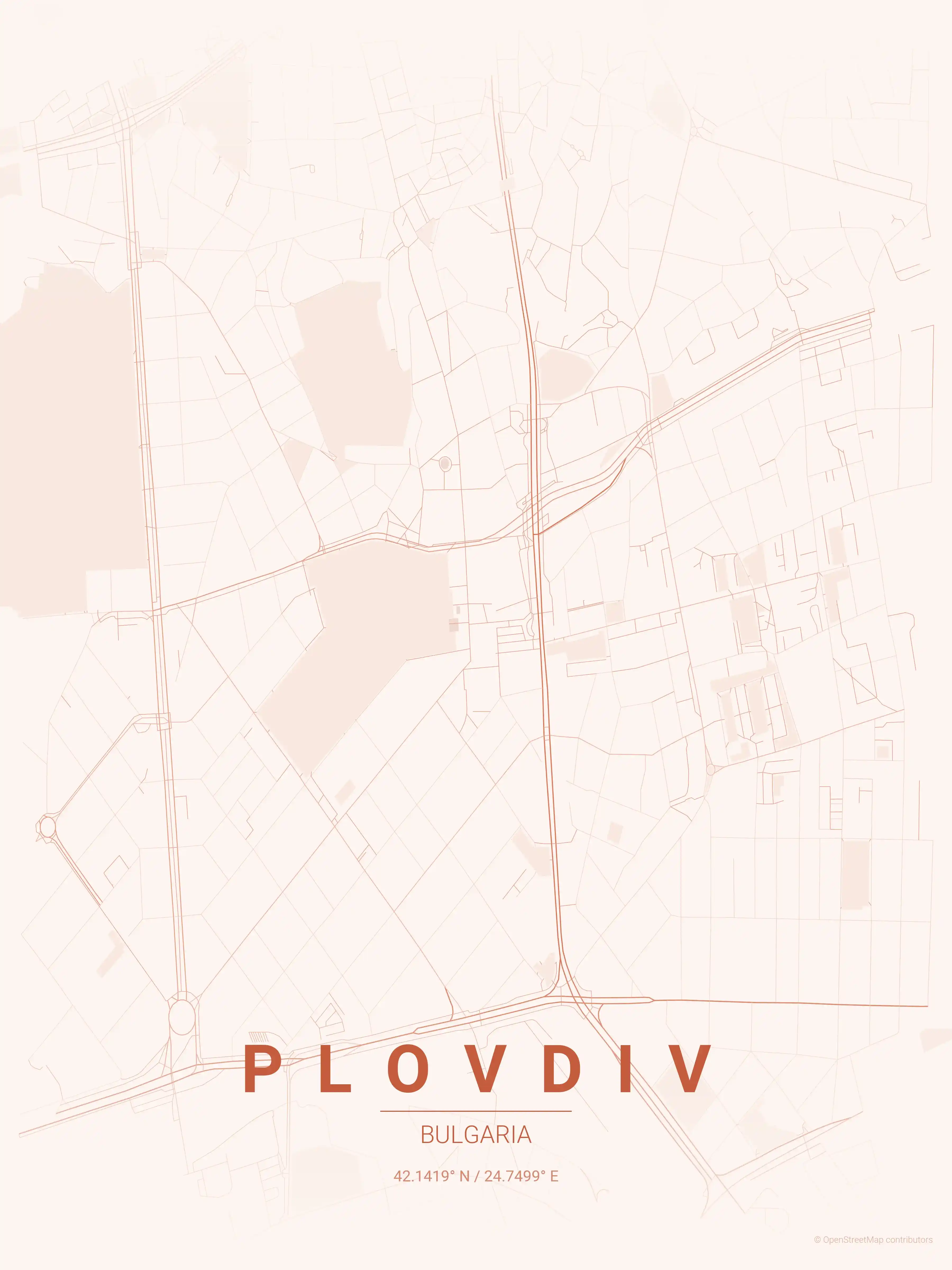 Minimalist sunset street map of Plovdiv, Bulgaria - Urban grid art