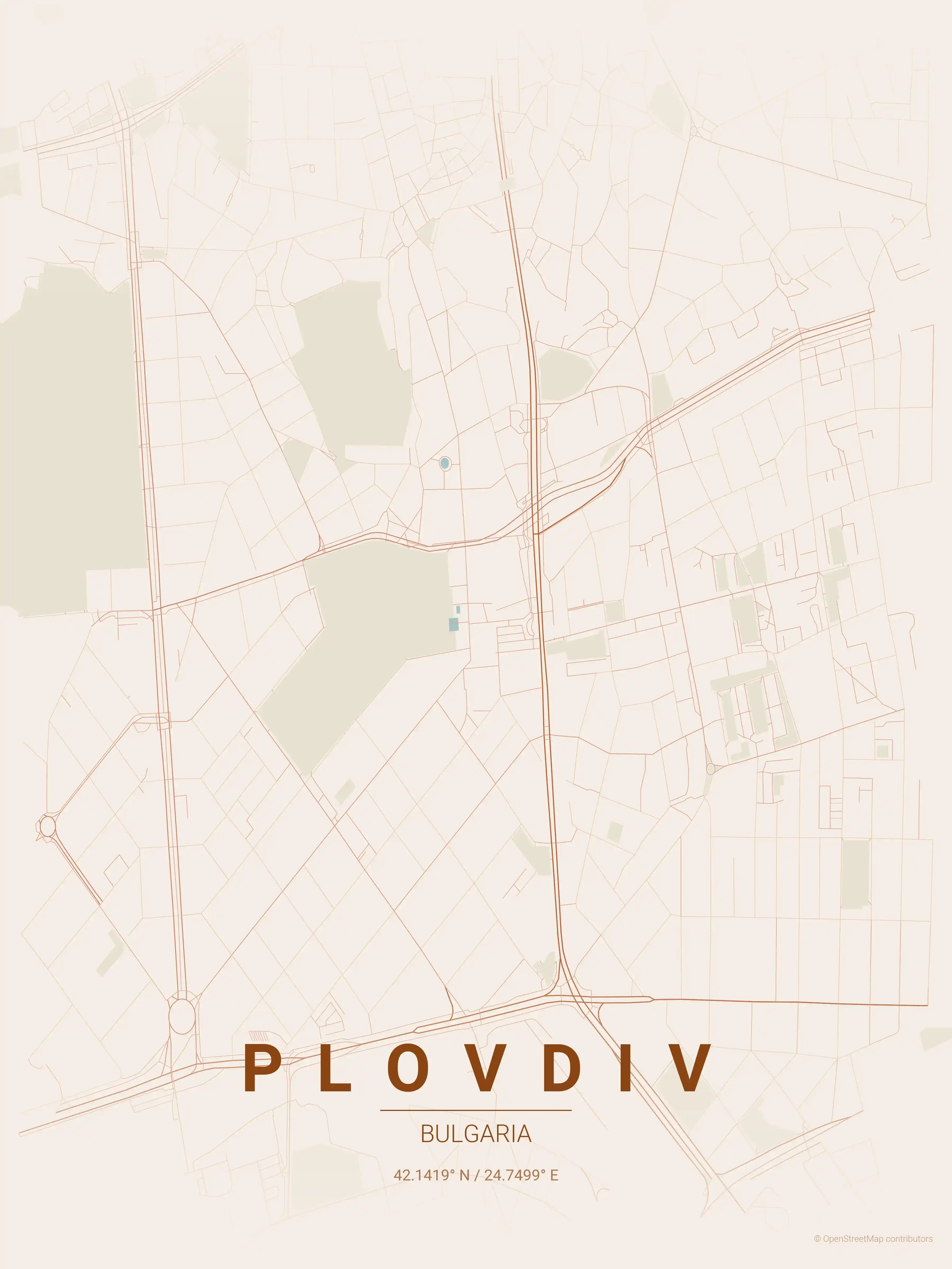 Minimalist terracotta street map of Plovdiv, Bulgaria - Urban grid art