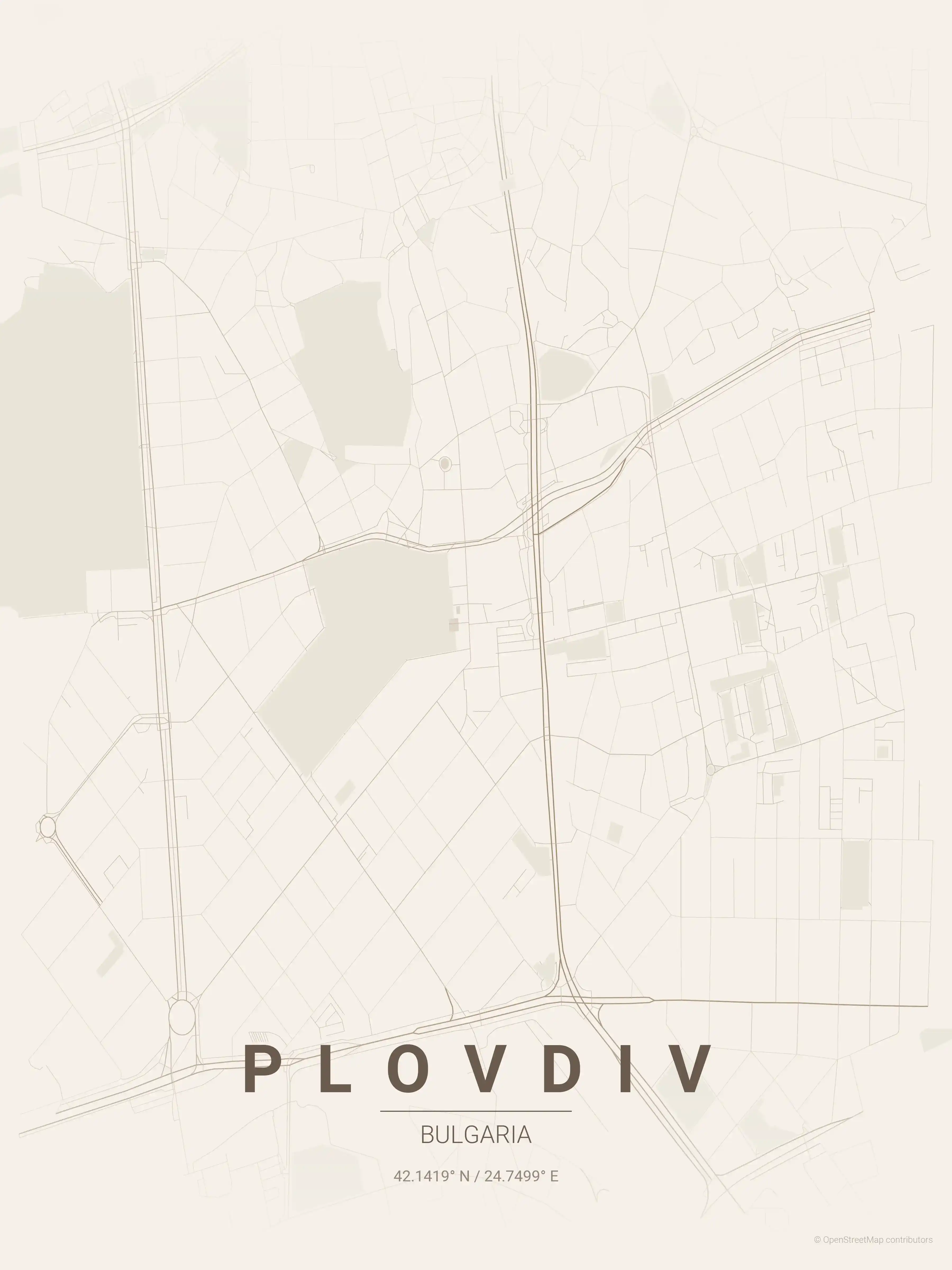 Minimalist warm_beige street map of Plovdiv, Bulgaria - Urban grid art