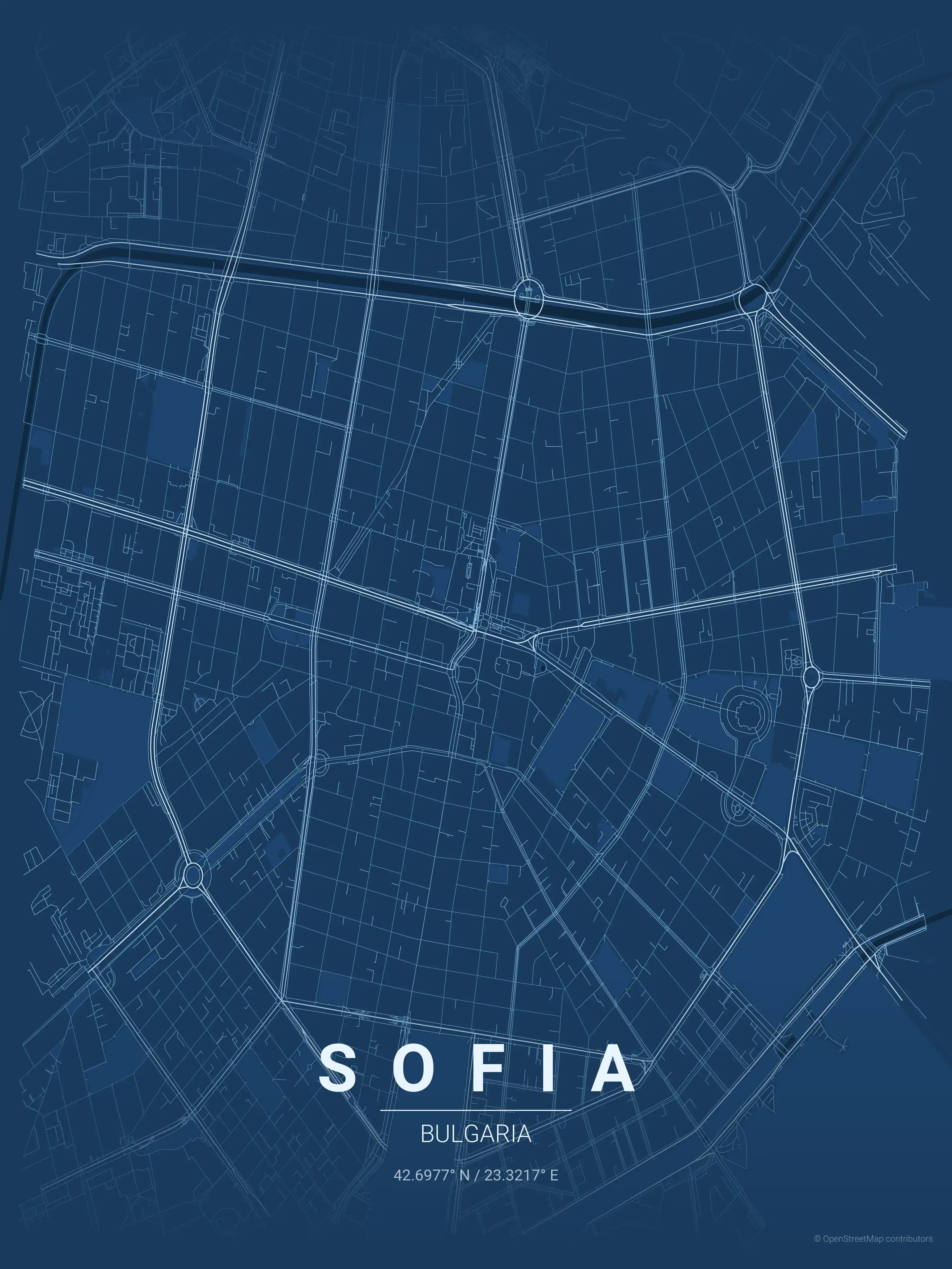 Minimalist blueprint street map of Sofia, Bulgaria - Urban grid art
