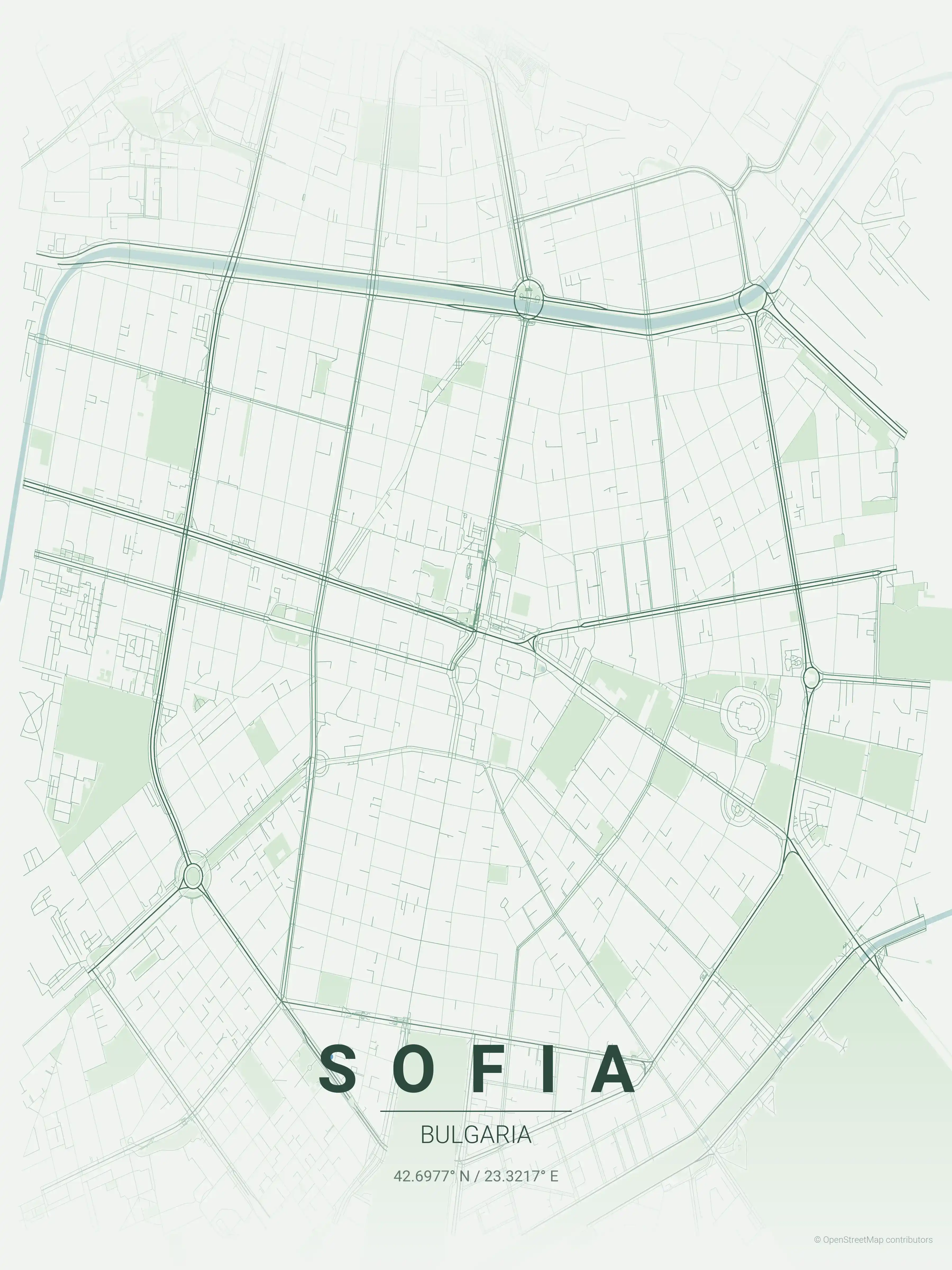 Minimalist forest street map of Sofia, Bulgaria - Urban grid art