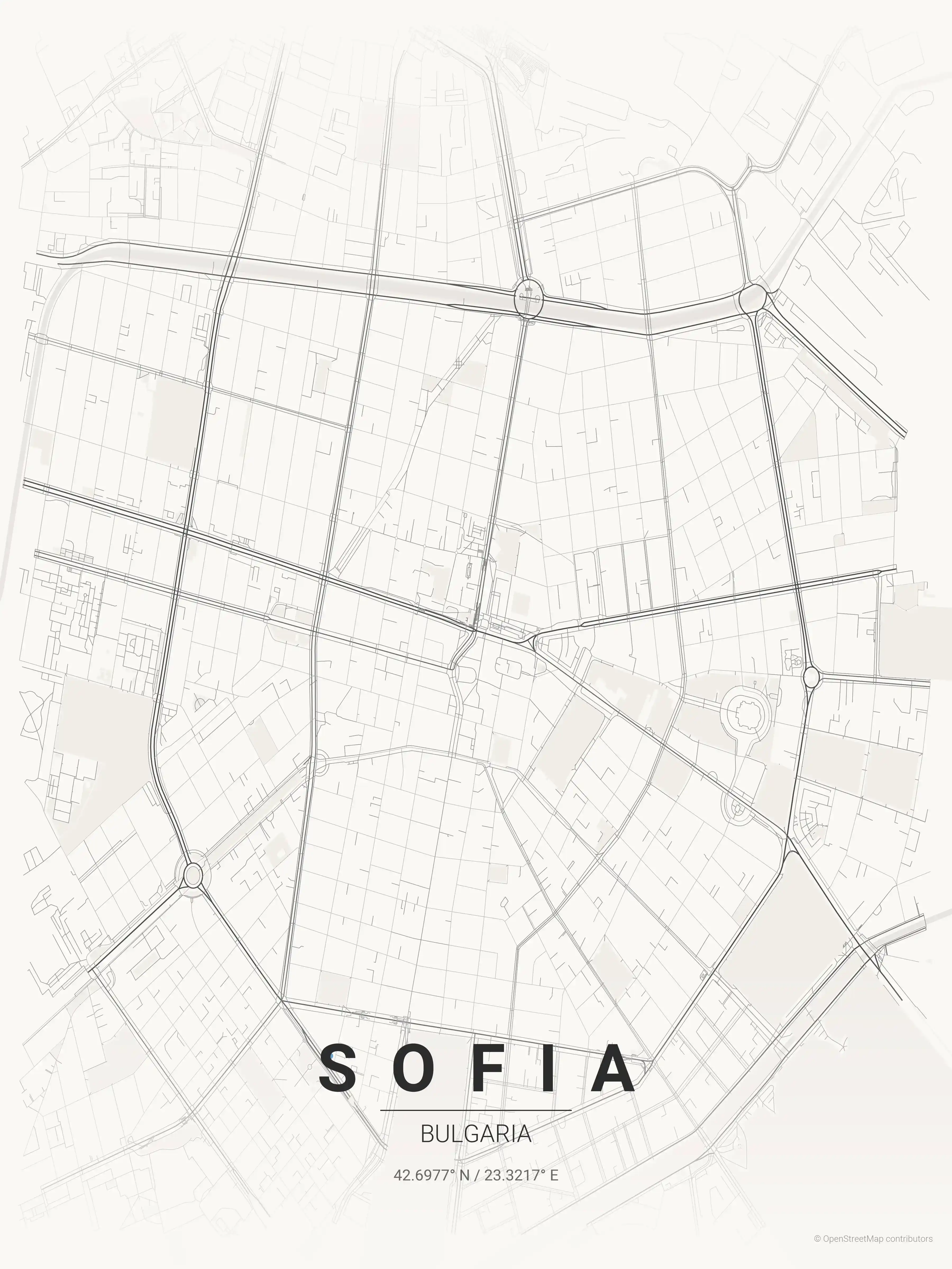 Minimalist japanese_ink street map of Sofia, Bulgaria - Urban grid art