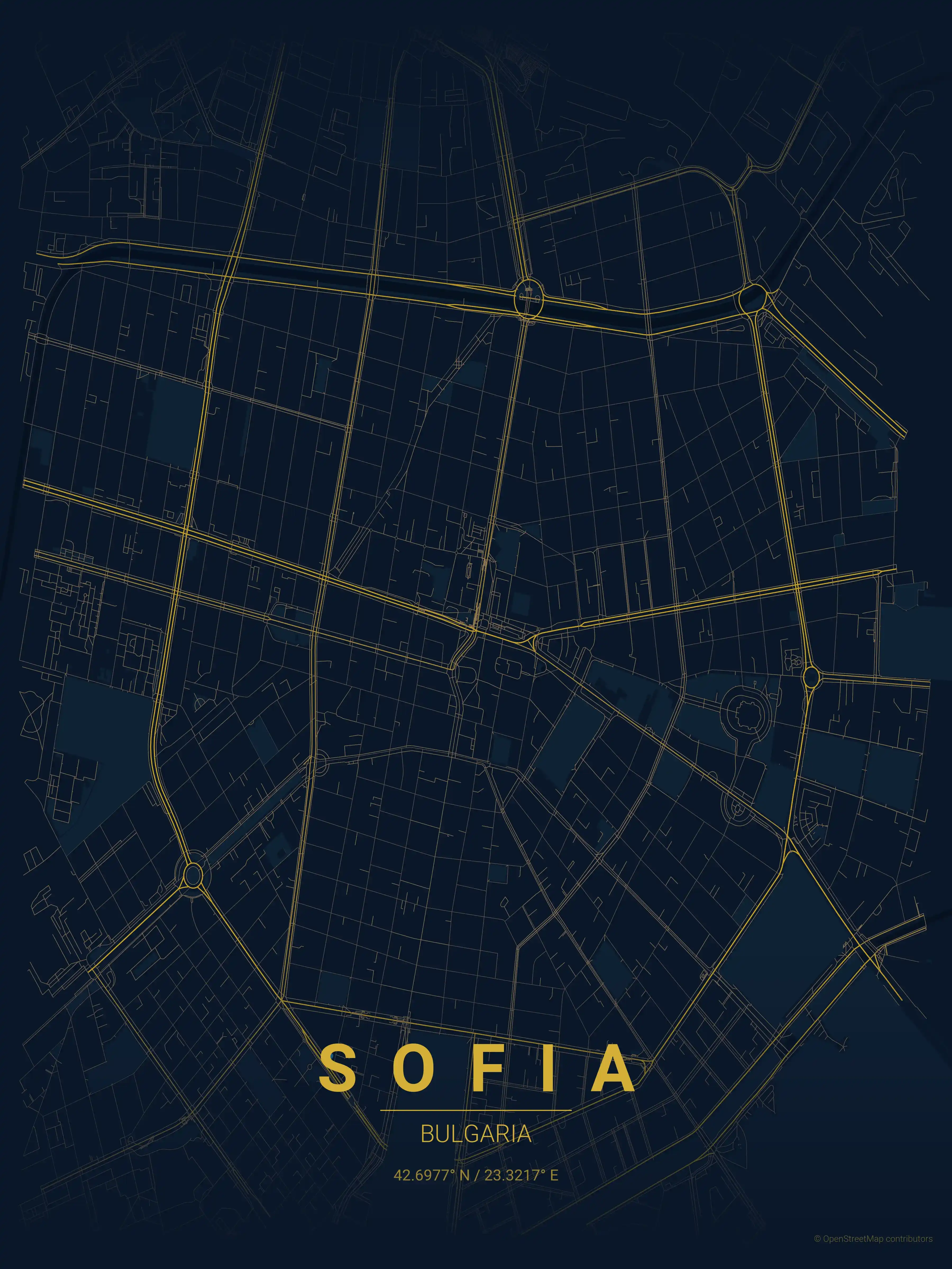 Minimalist midnight_blue street map of Sofia, Bulgaria - Urban grid art