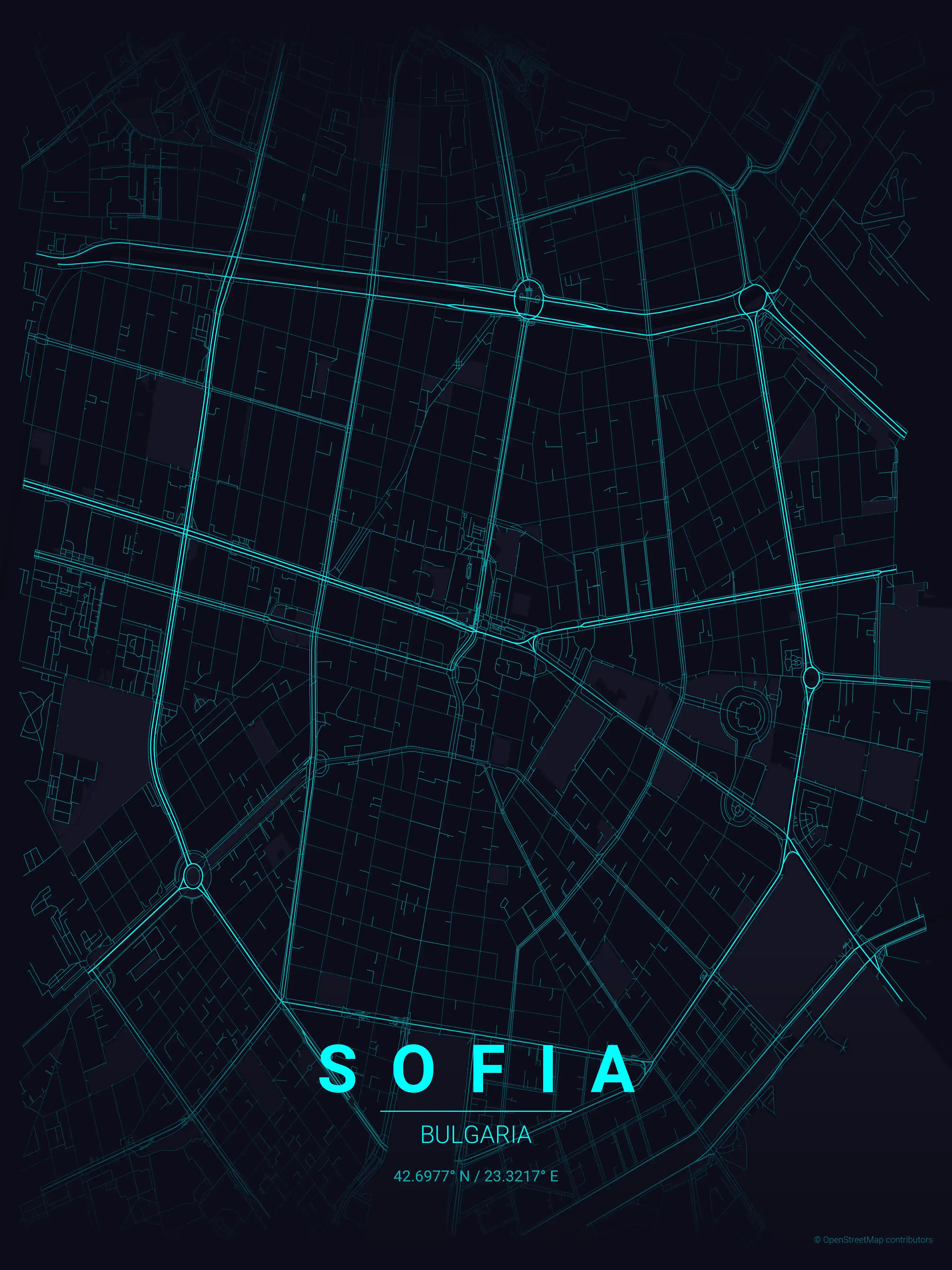 Minimalist neon_cyberpunk street map of Sofia, Bulgaria - Urban grid art