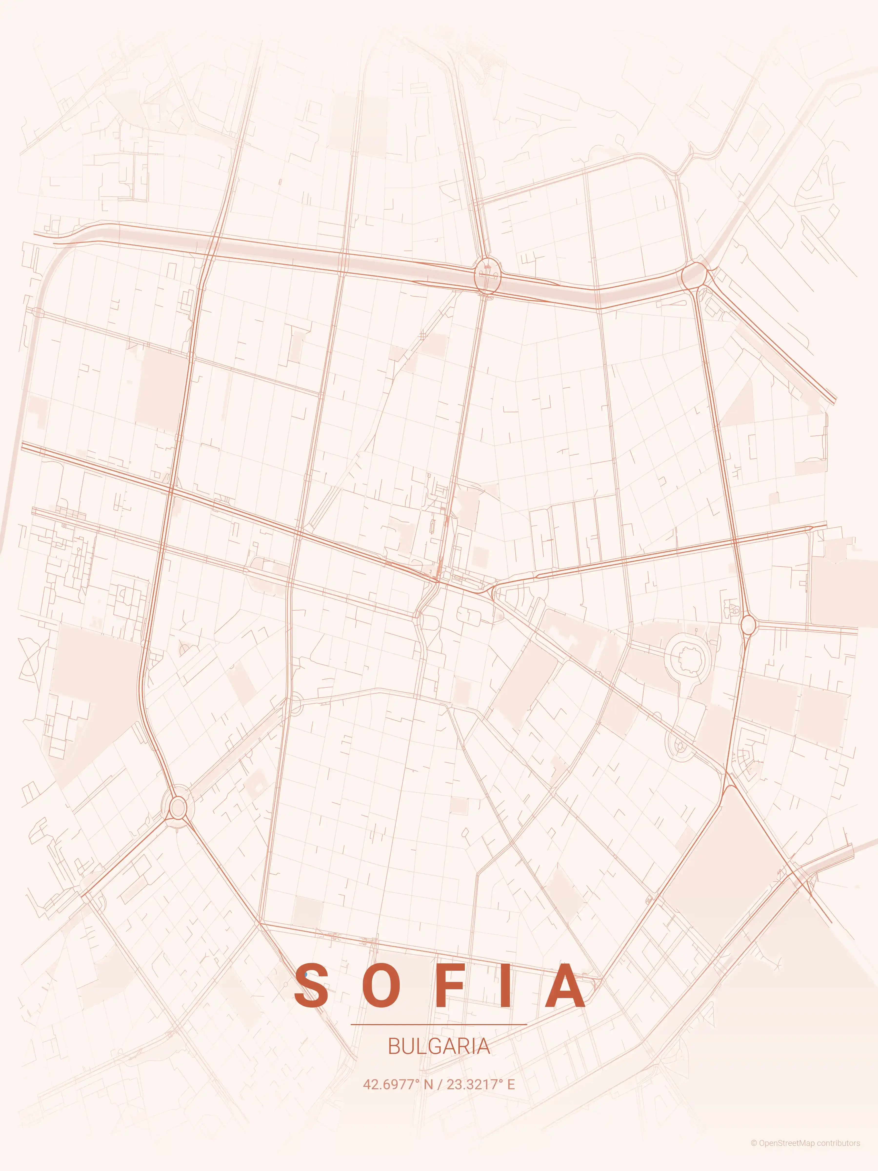 Minimalist sunset street map of Sofia, Bulgaria - Urban grid art