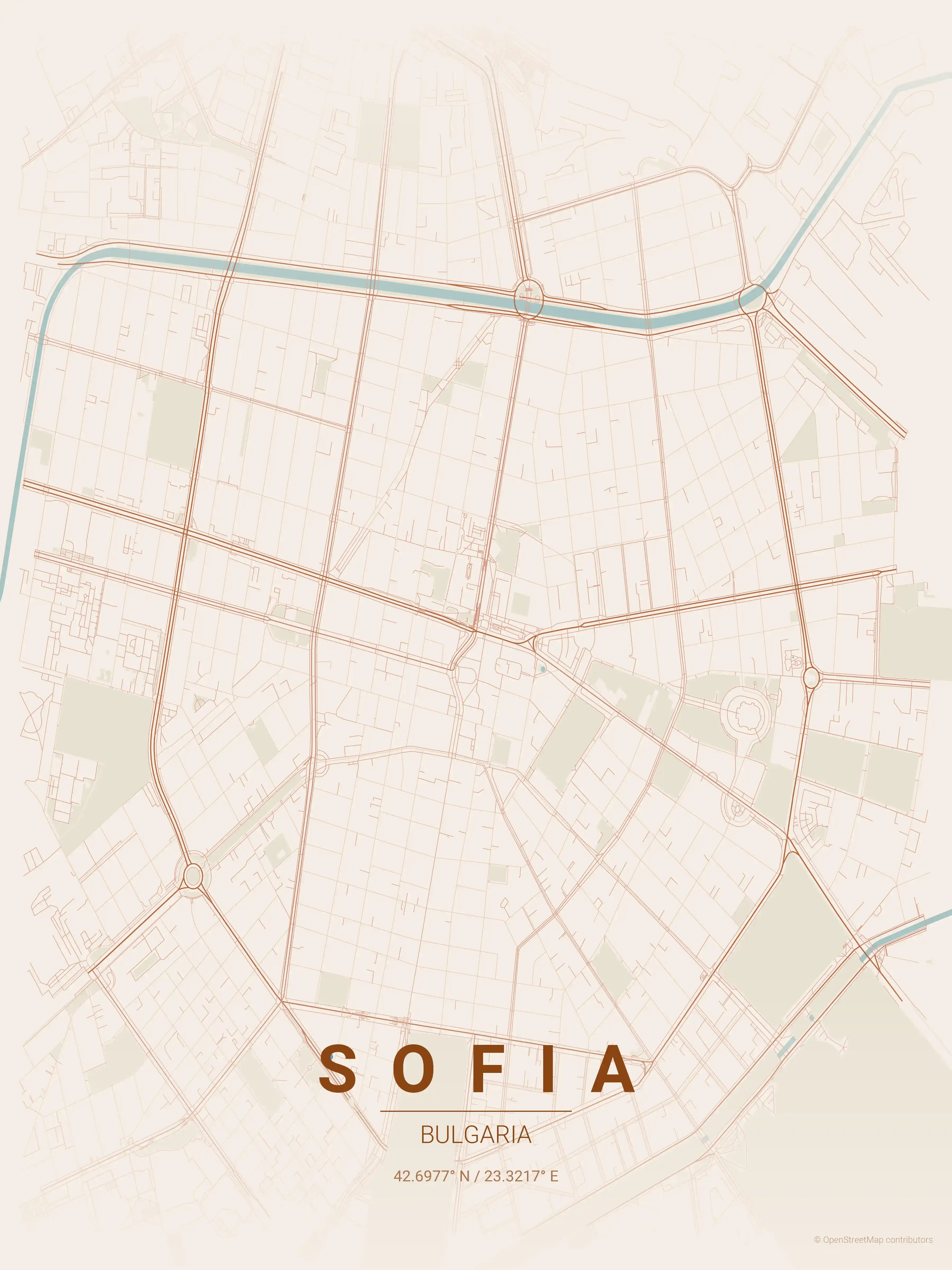 Minimalist terracotta street map of Sofia, Bulgaria - Urban grid art