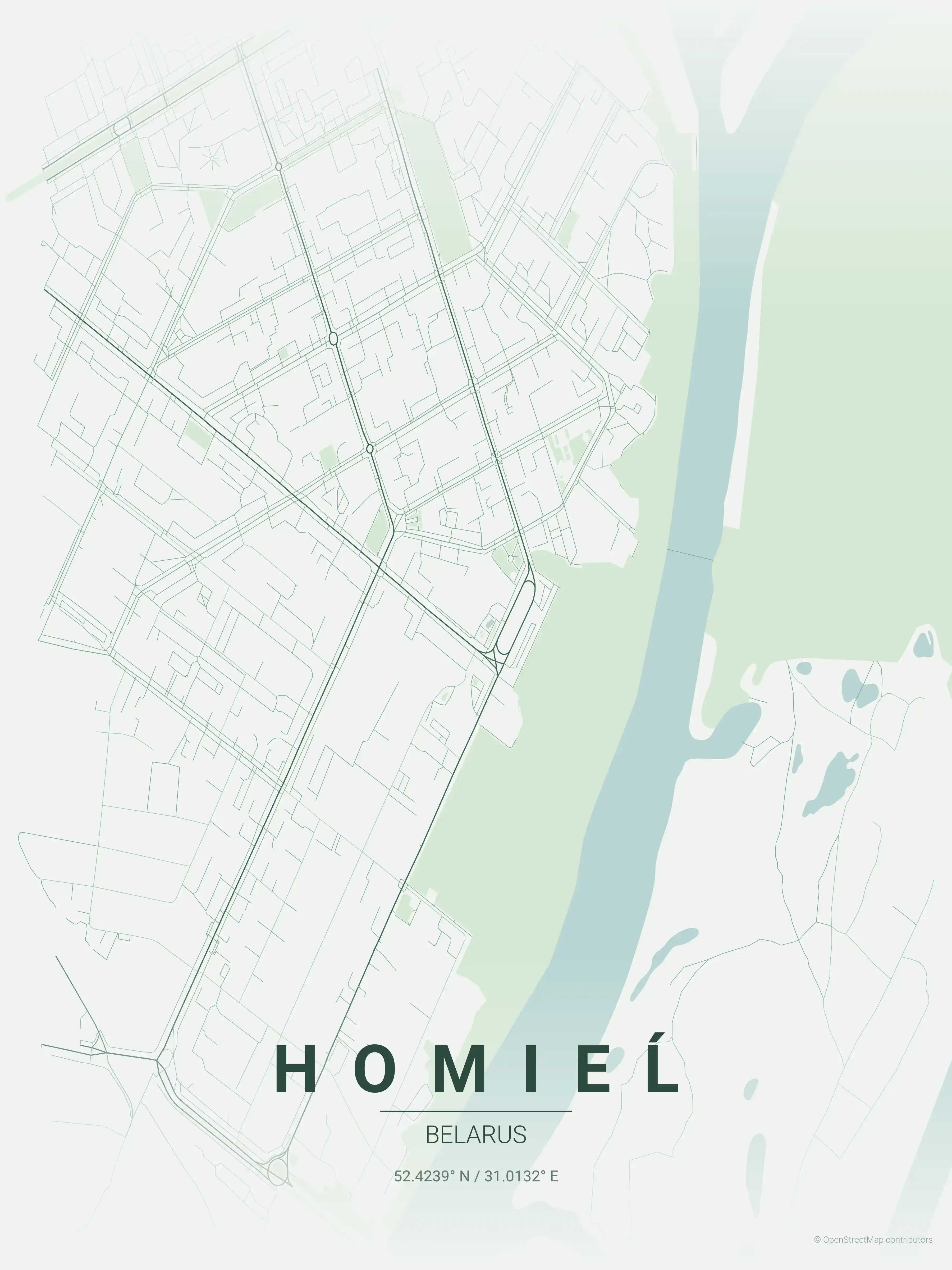 Minimalist forest street map of Homieĺ, Belarus - Urban grid art