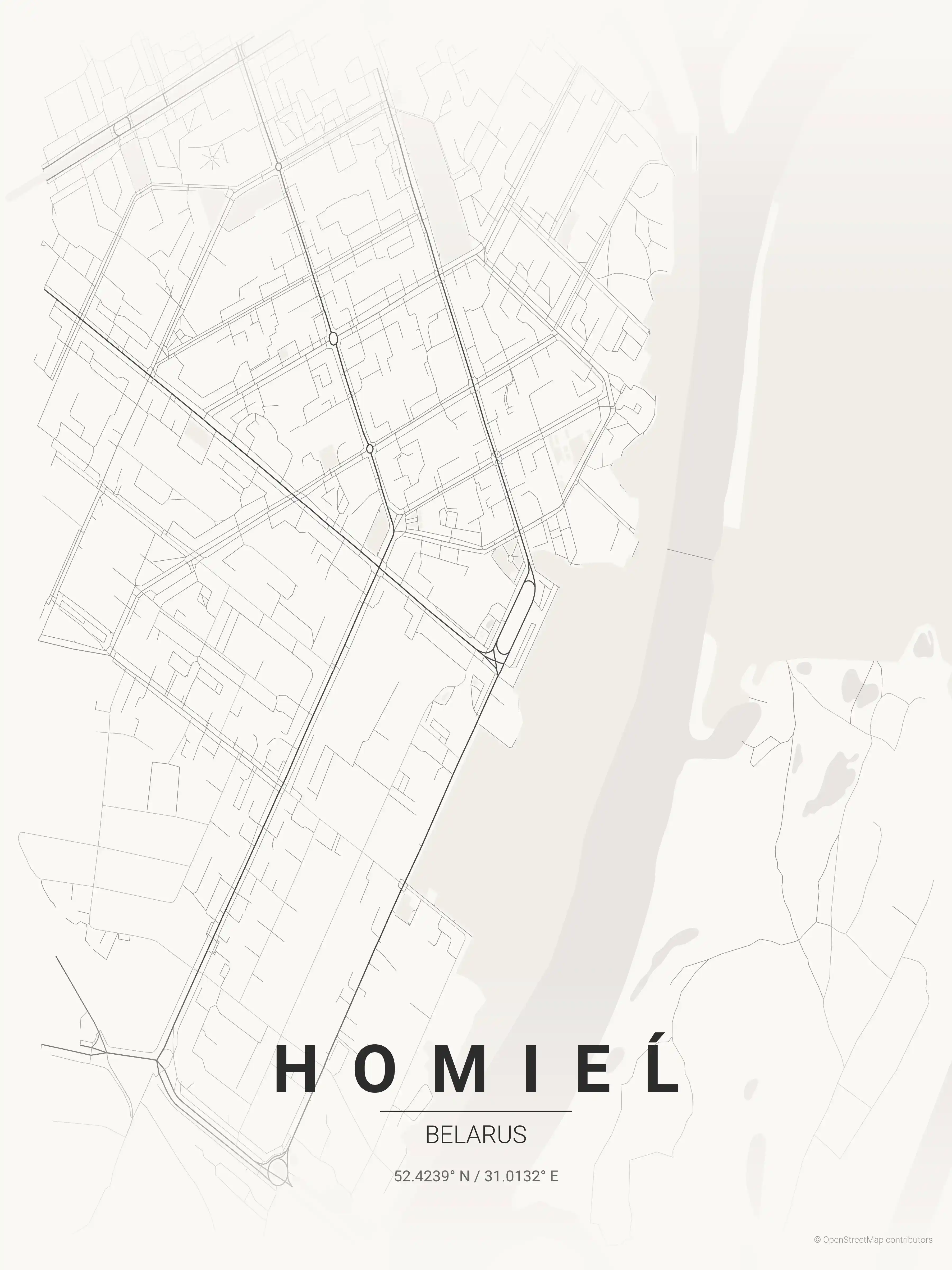 Minimalist japanese_ink street map of Homieĺ, Belarus - Urban grid art
