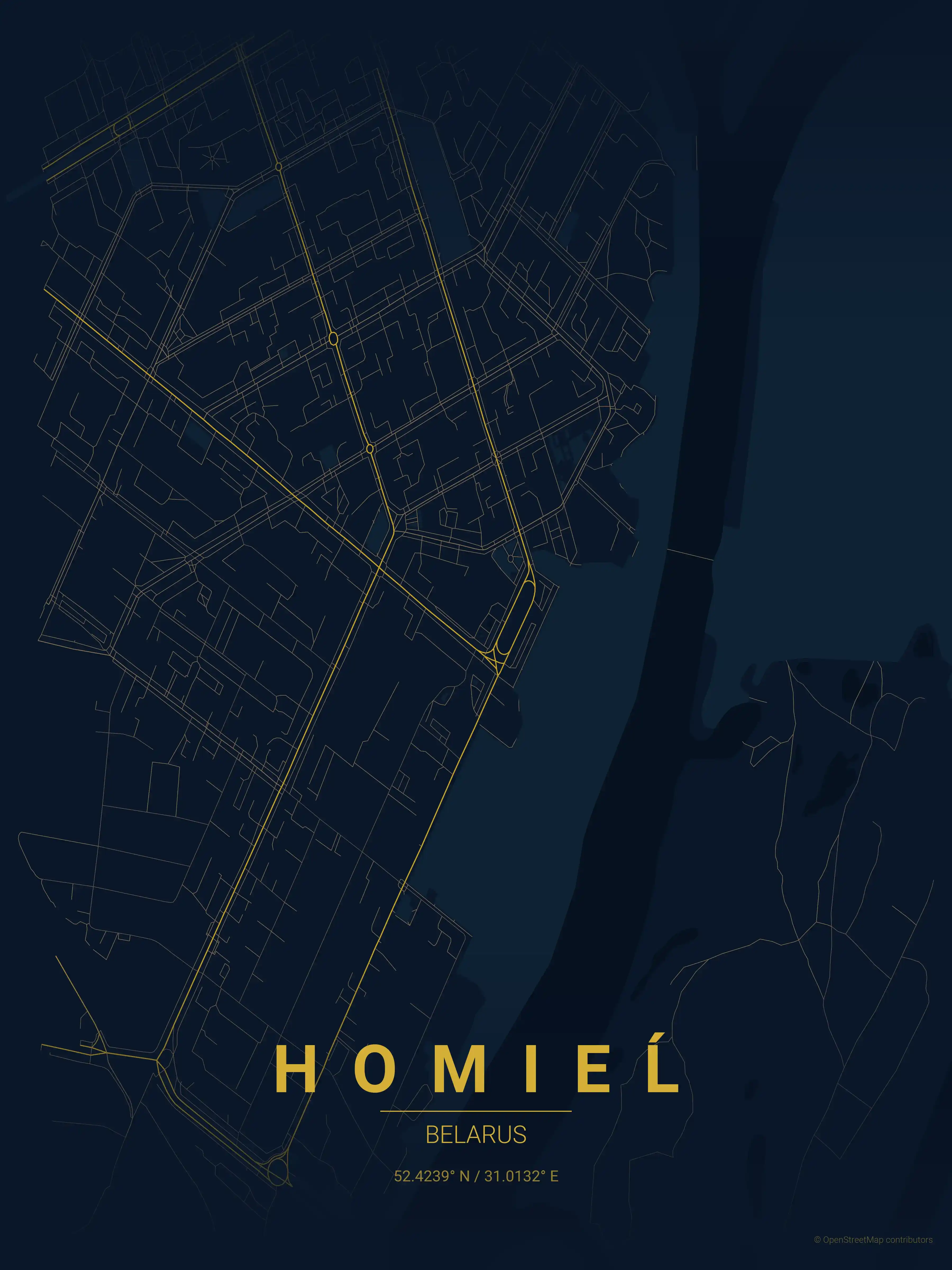 Minimalist midnight_blue street map of Homieĺ, Belarus - Urban grid art