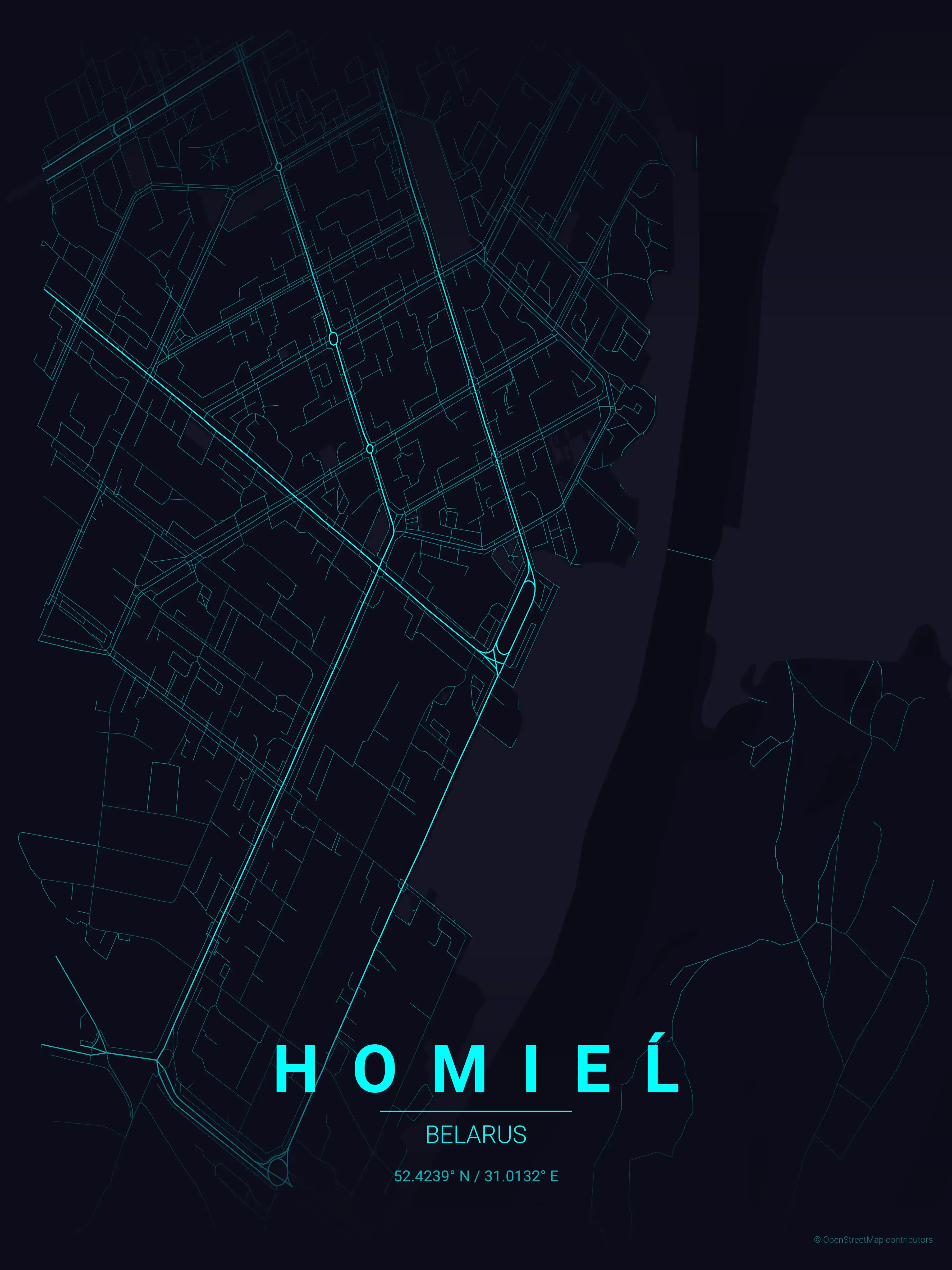 Minimalist neon_cyberpunk street map of Homieĺ, Belarus - Urban grid art