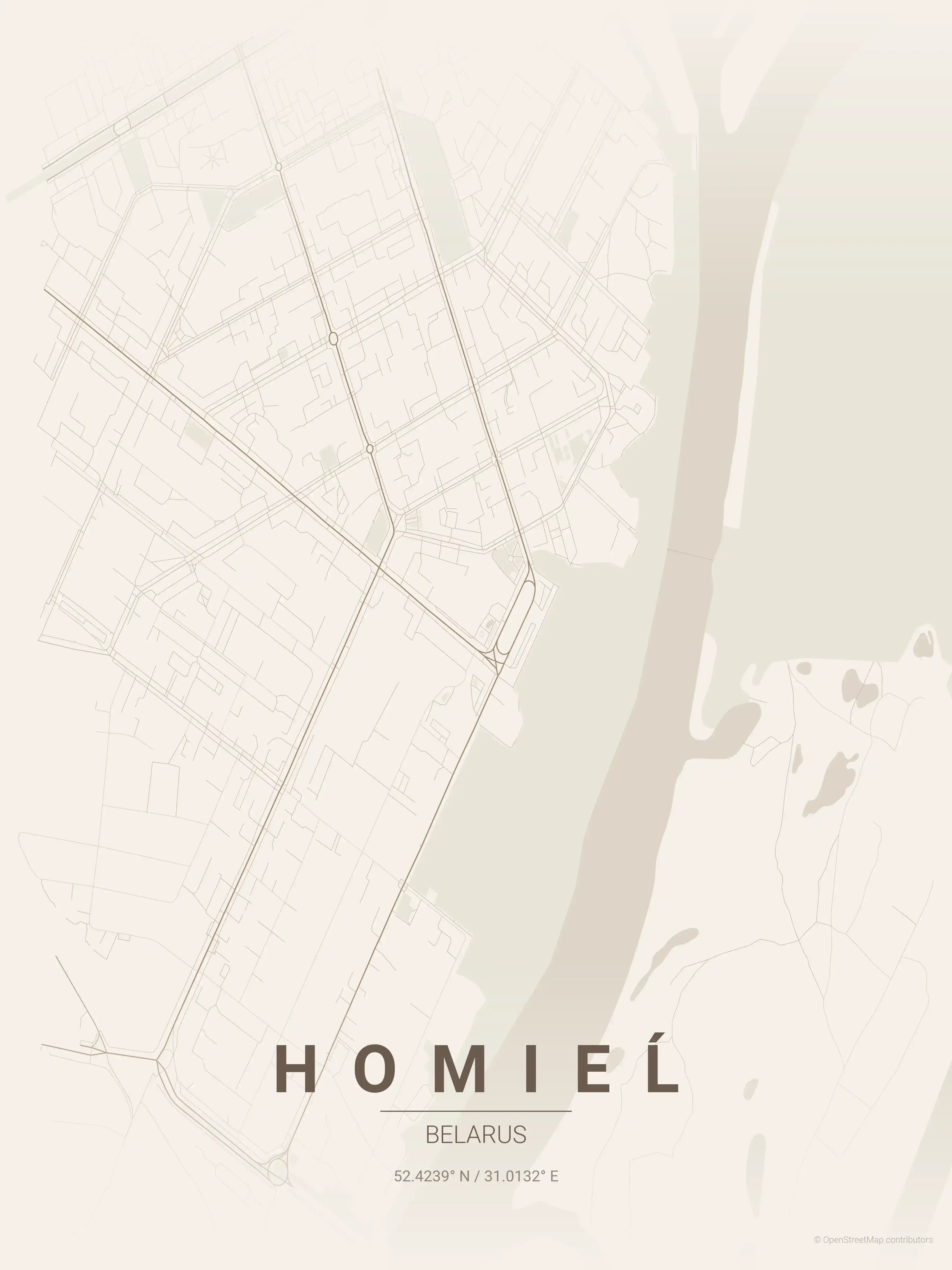 Minimalist warm_beige street map of Homieĺ, Belarus - Urban grid art