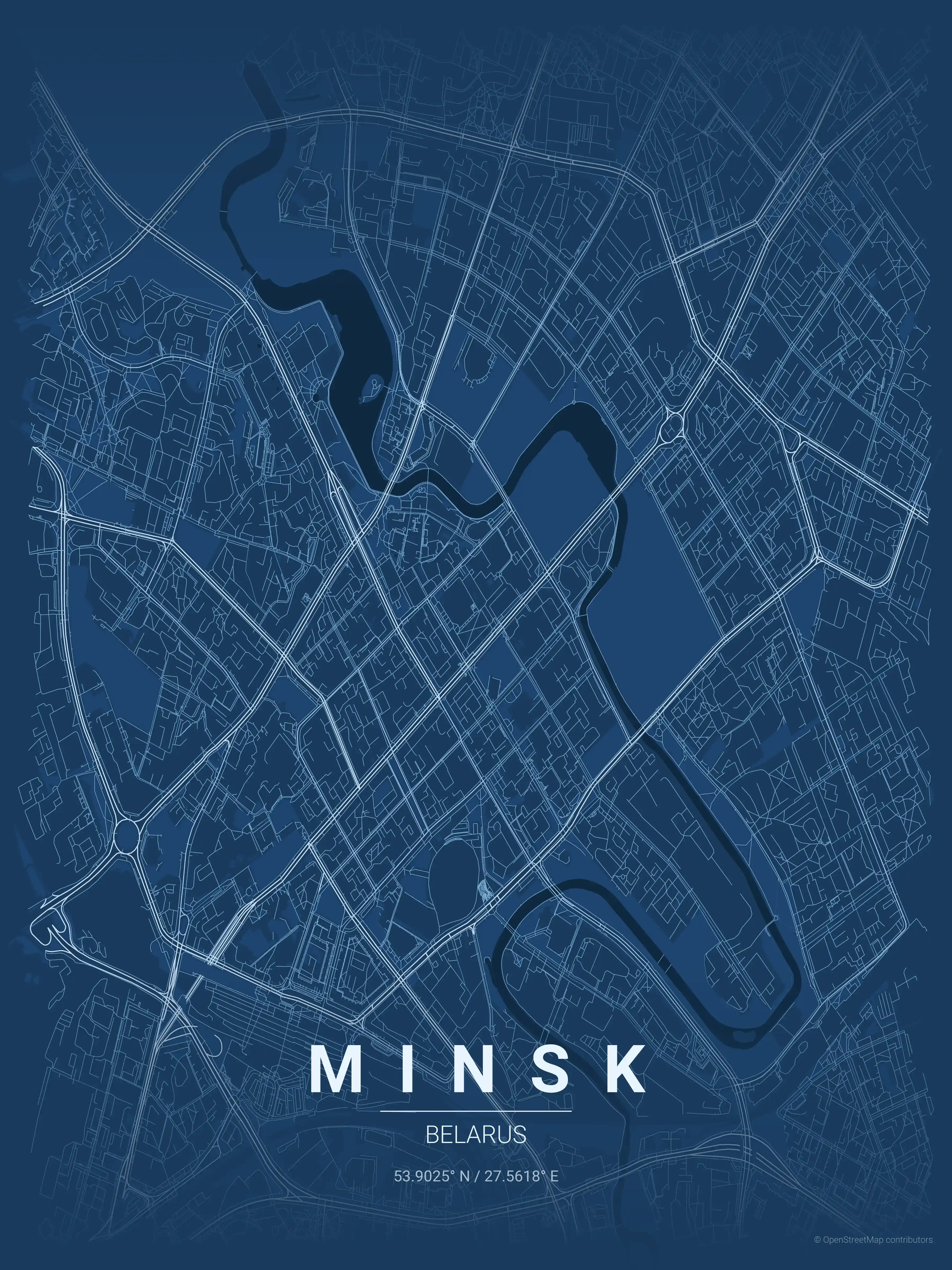 Minimalist blueprint street map of Minsk, Belarus - Urban grid art