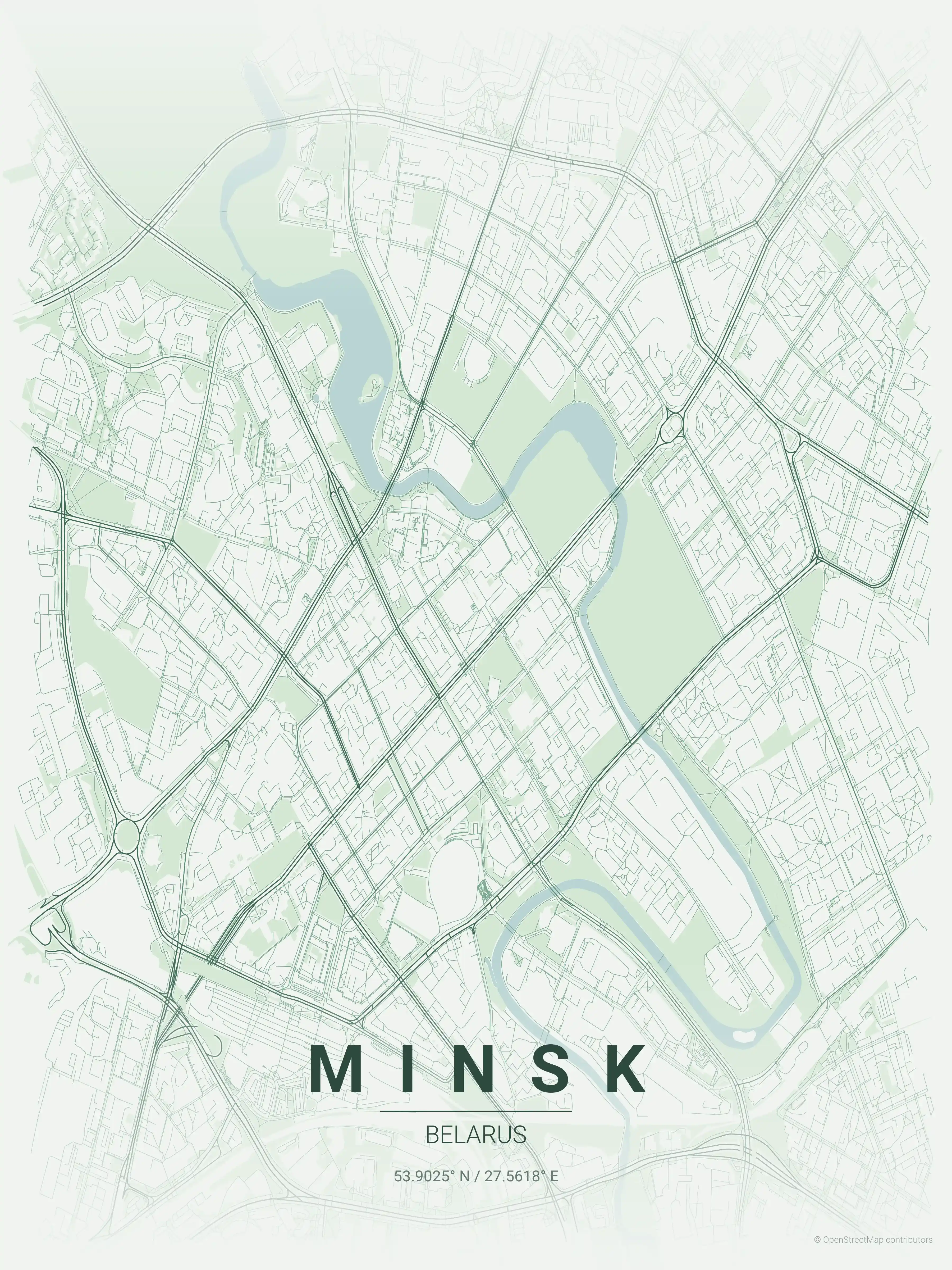 Minimalist forest street map of Minsk, Belarus - Urban grid art