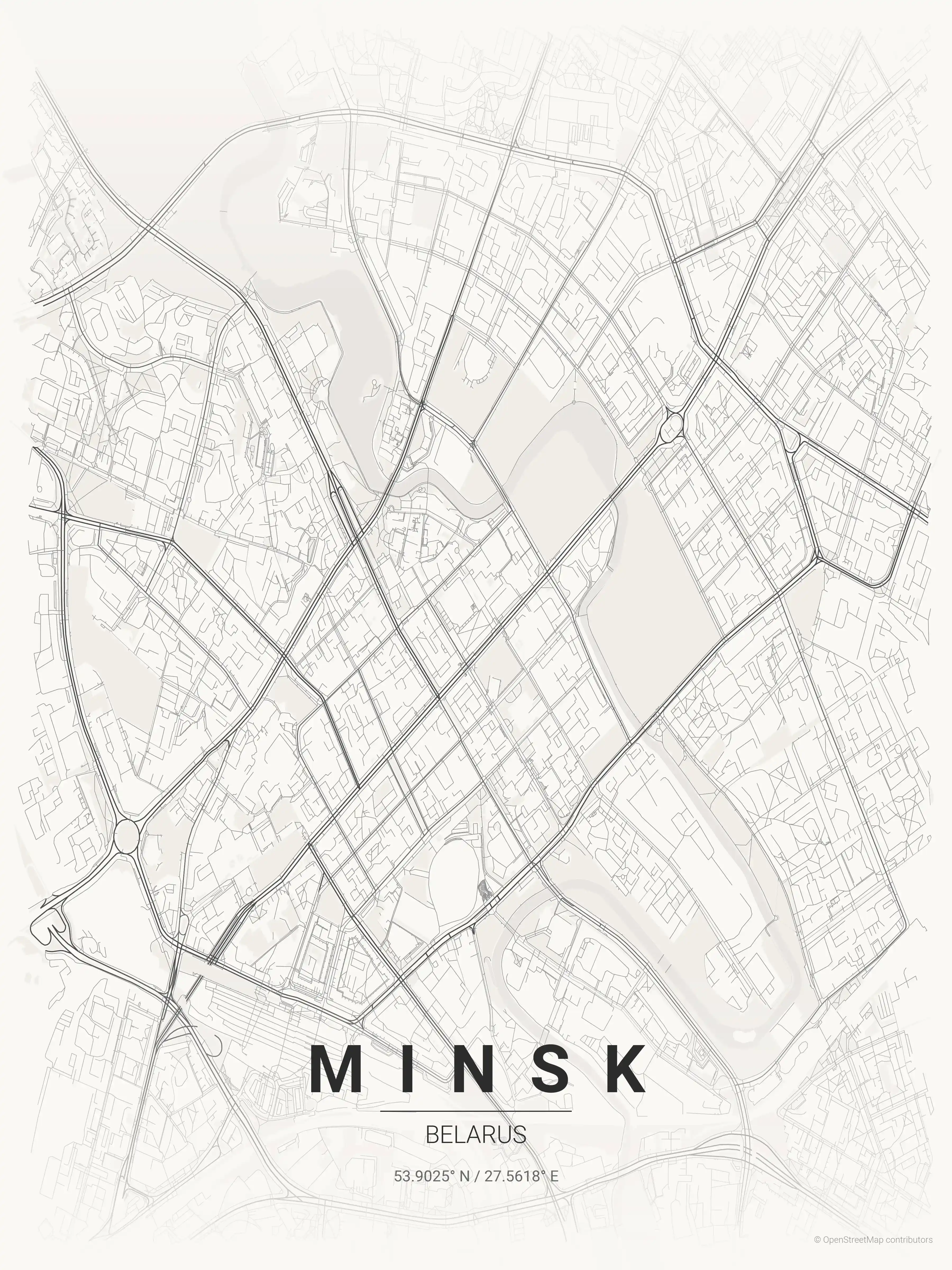 Minimalist japanese_ink street map of Minsk, Belarus - Urban grid art