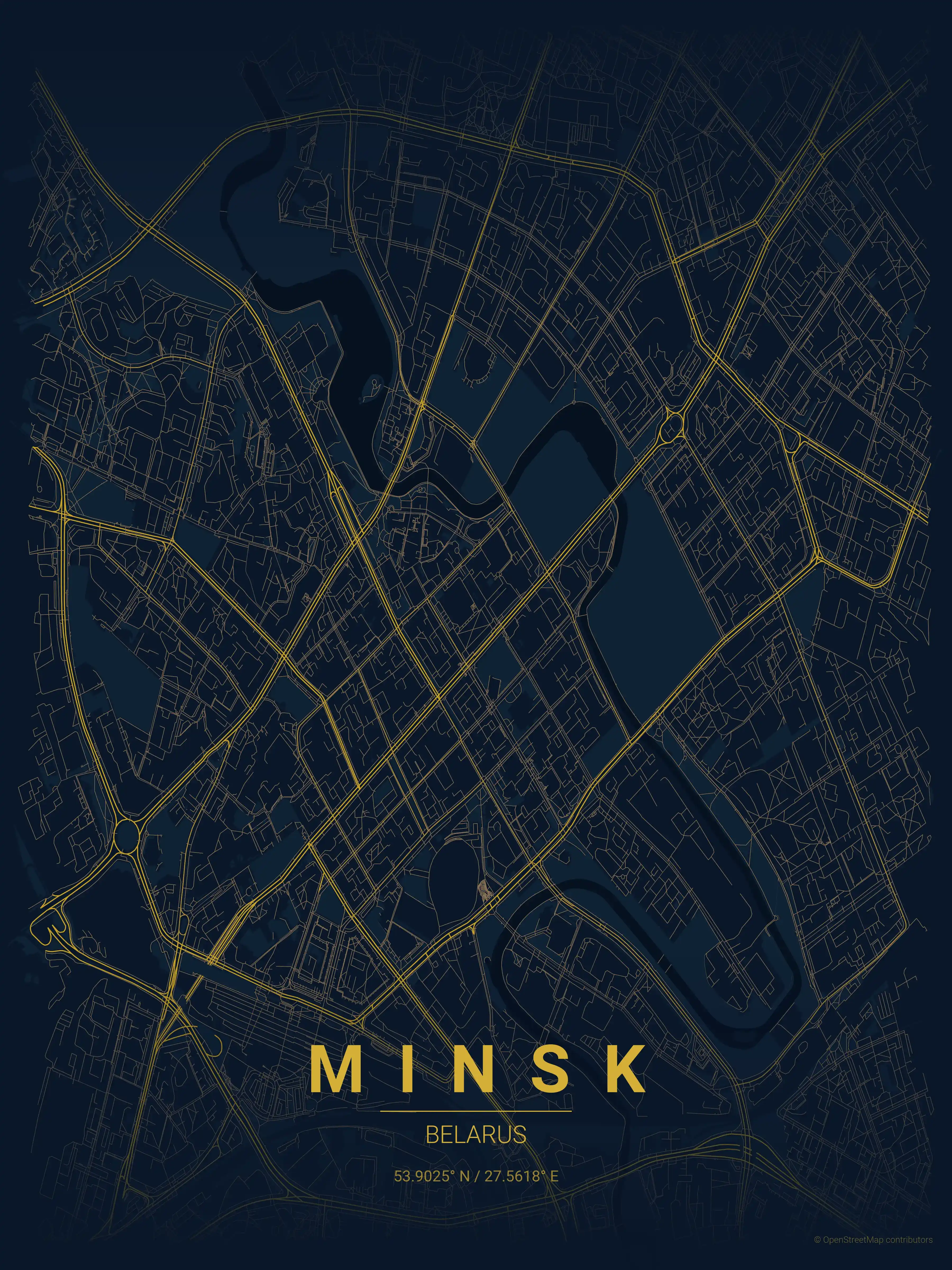 Minimalist midnight_blue street map of Minsk, Belarus - Urban grid art