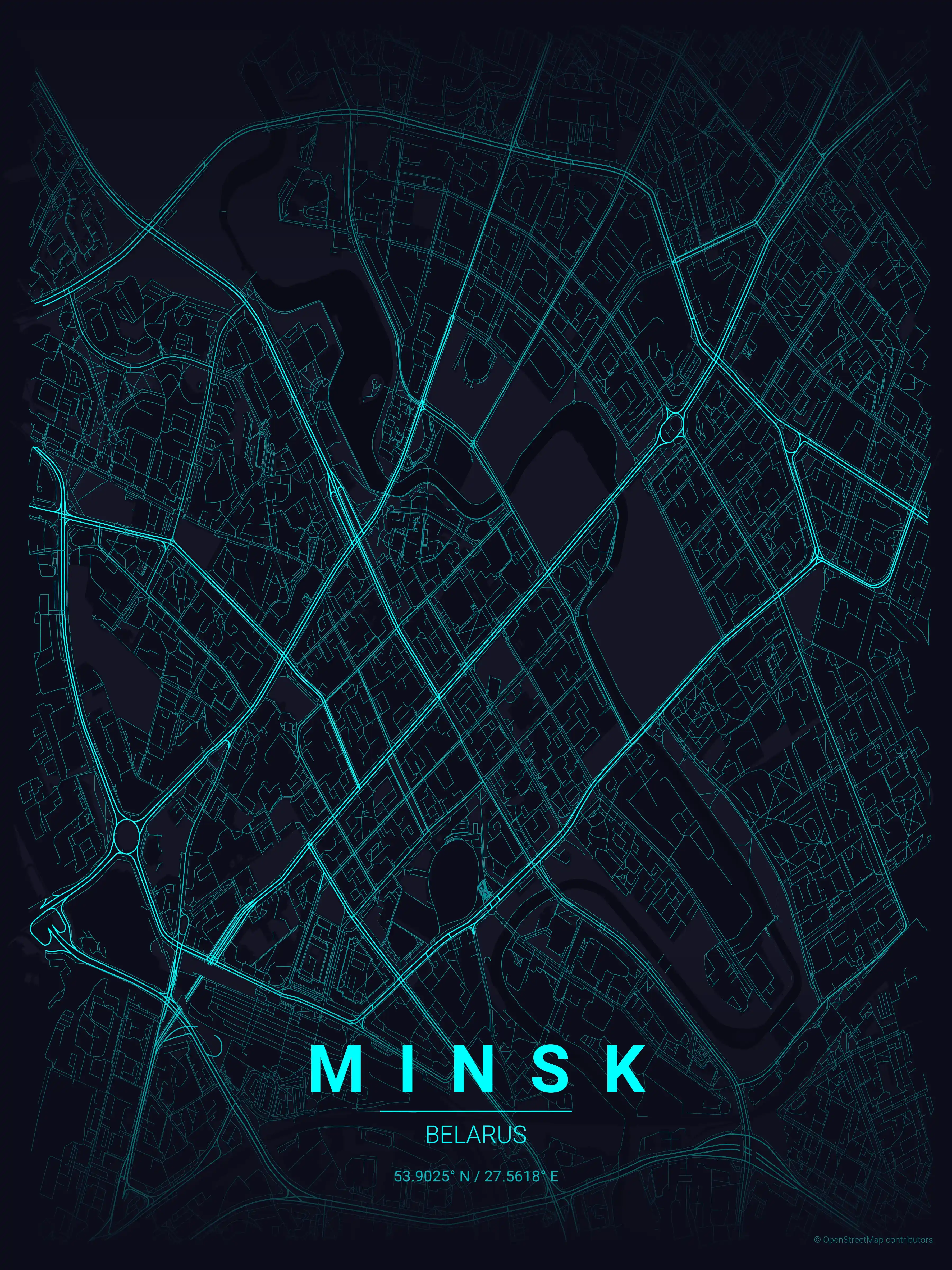 Minimalist neon_cyberpunk street map of Minsk, Belarus - Urban grid art