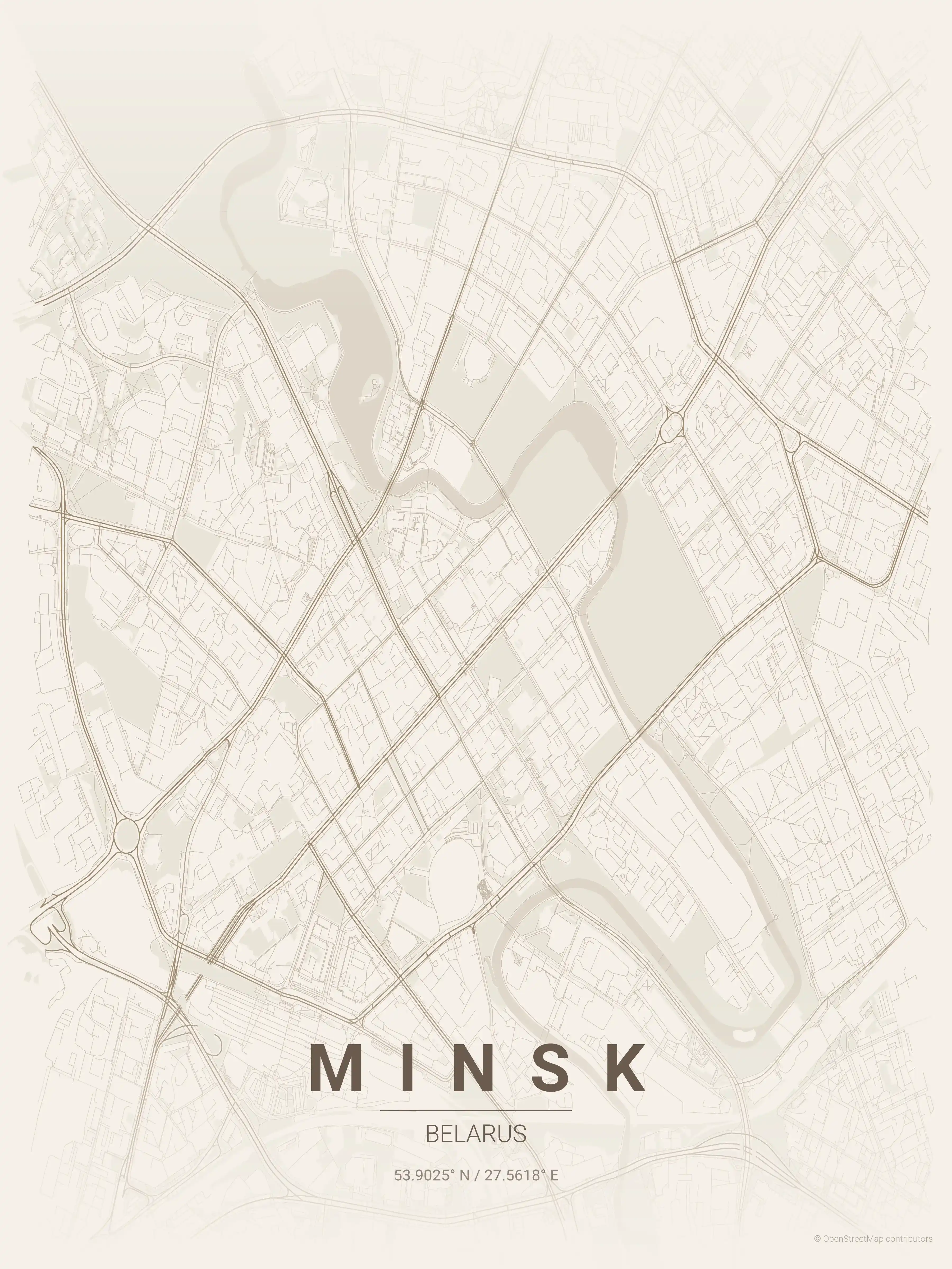 Minimalist warm_beige street map of Minsk, Belarus - Urban grid art