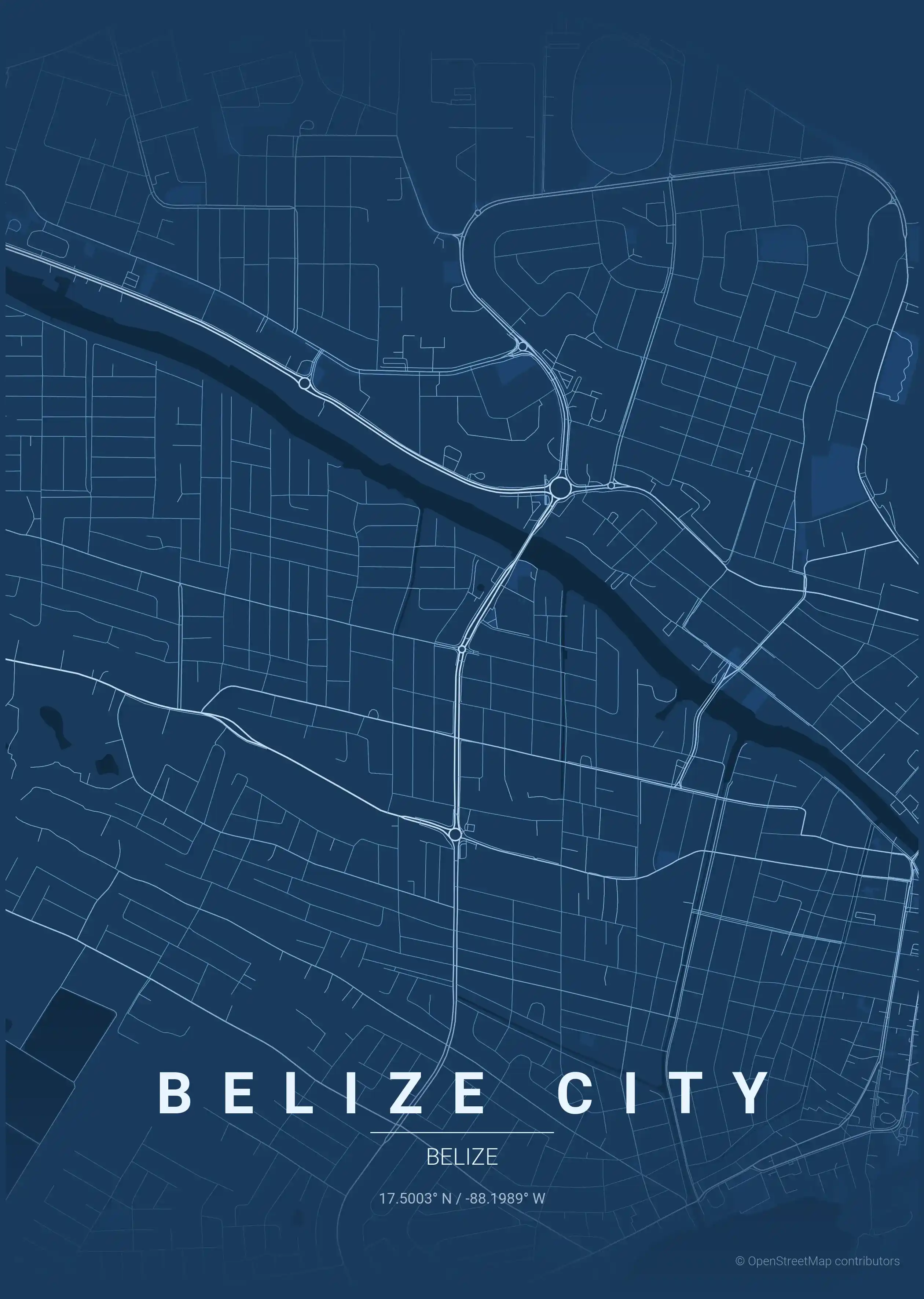 Minimalist blueprint street map of Belize City, Belize - Urban grid art