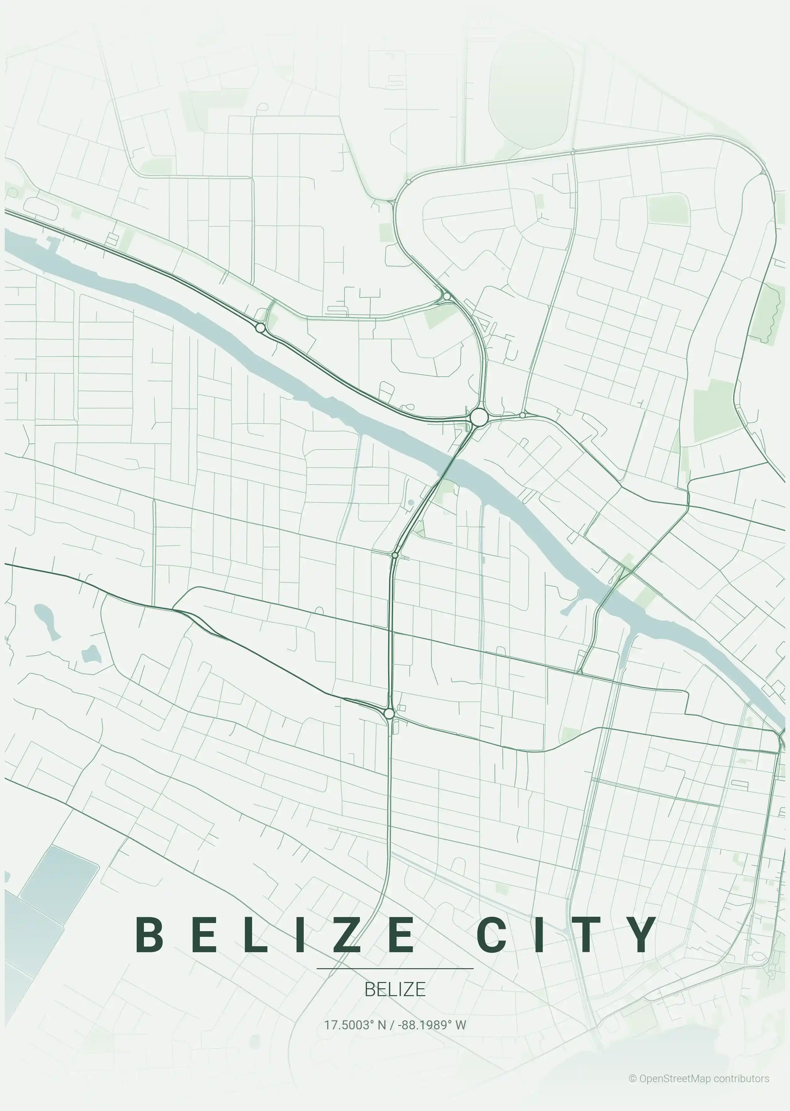 Minimalist forest street map of Belize City, Belize - Urban grid art