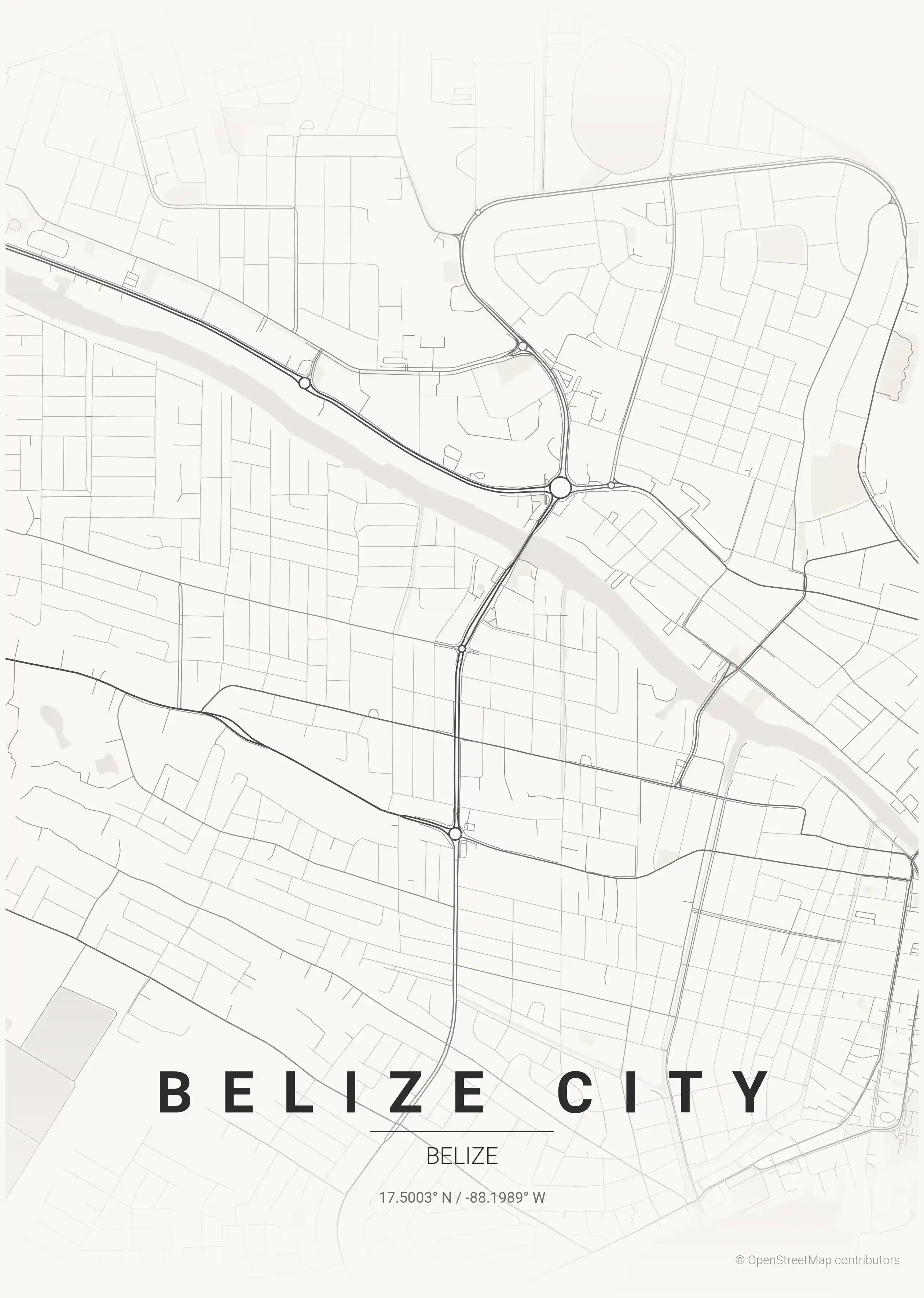 Minimalist japanese_ink street map of Belize City, Belize - Urban grid art