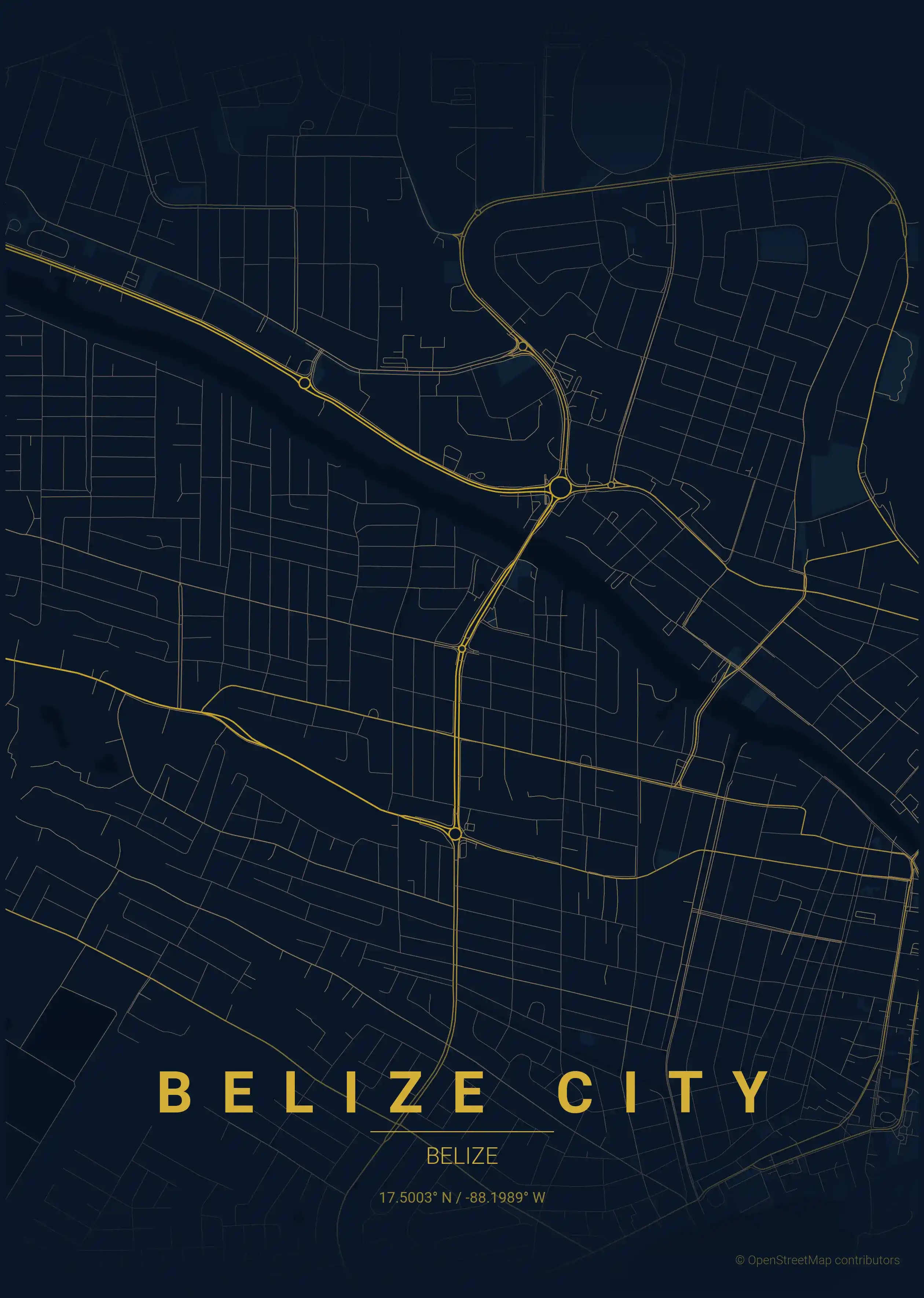 Minimalist midnight_blue street map of Belize City, Belize - Urban grid art