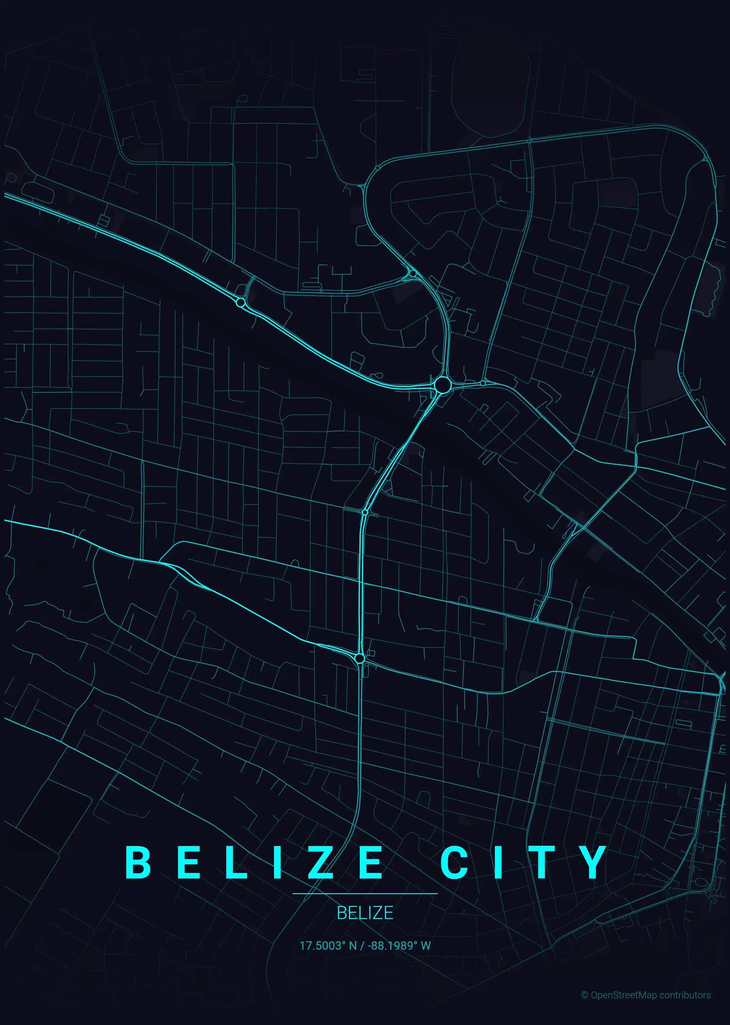 Minimalist neon_cyberpunk street map of Belize City, Belize - Urban grid art