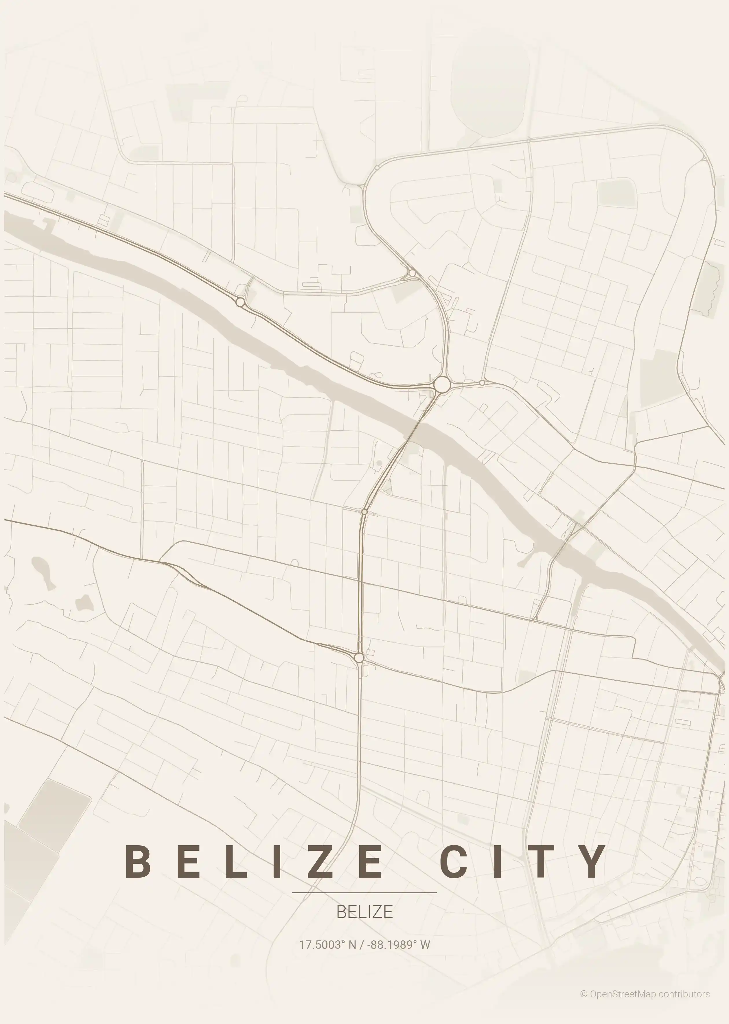 Minimalist warm_beige street map of Belize City, Belize - Urban grid art