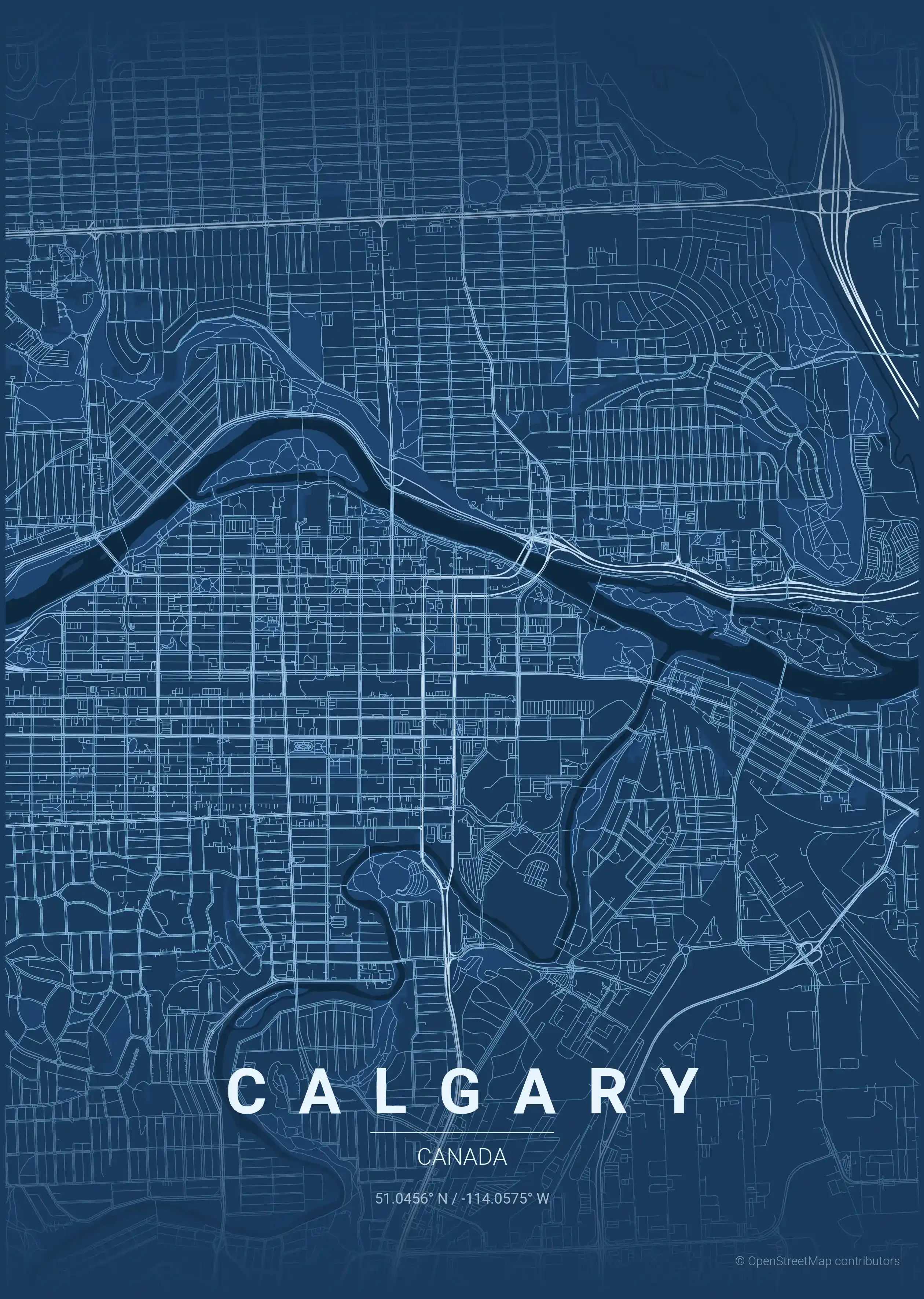Minimalist blueprint street map of Calgary, Canada - Urban grid art