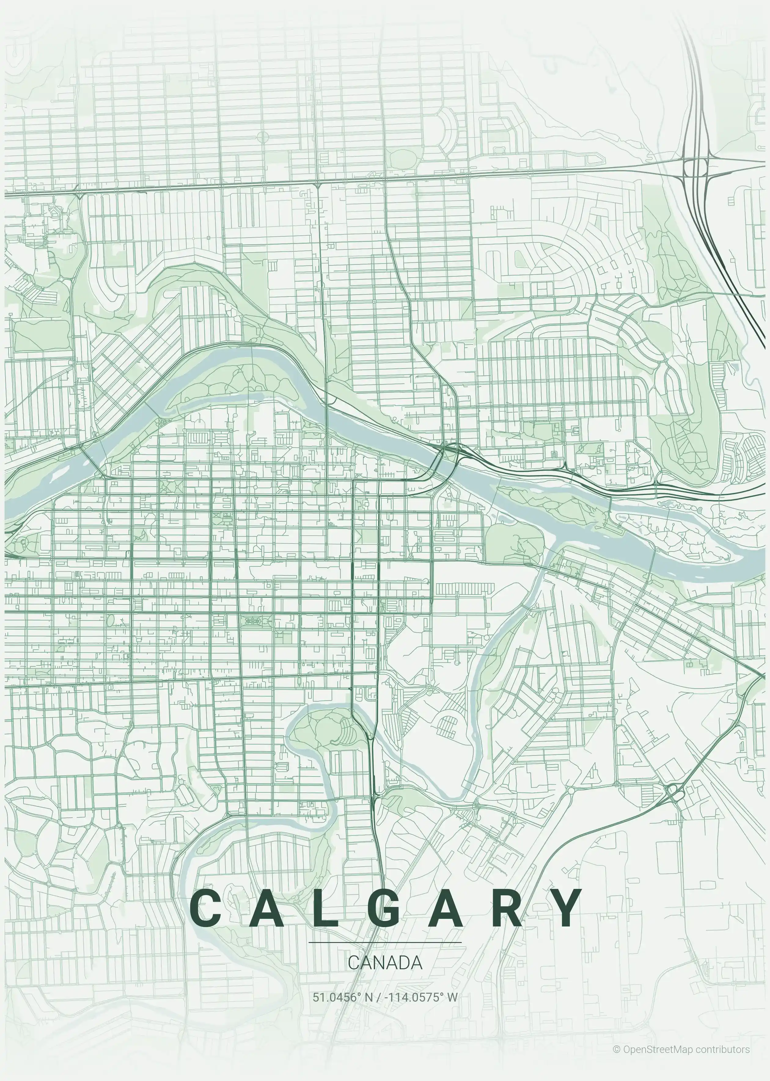 Minimalist forest street map of Calgary, Canada - Urban grid art