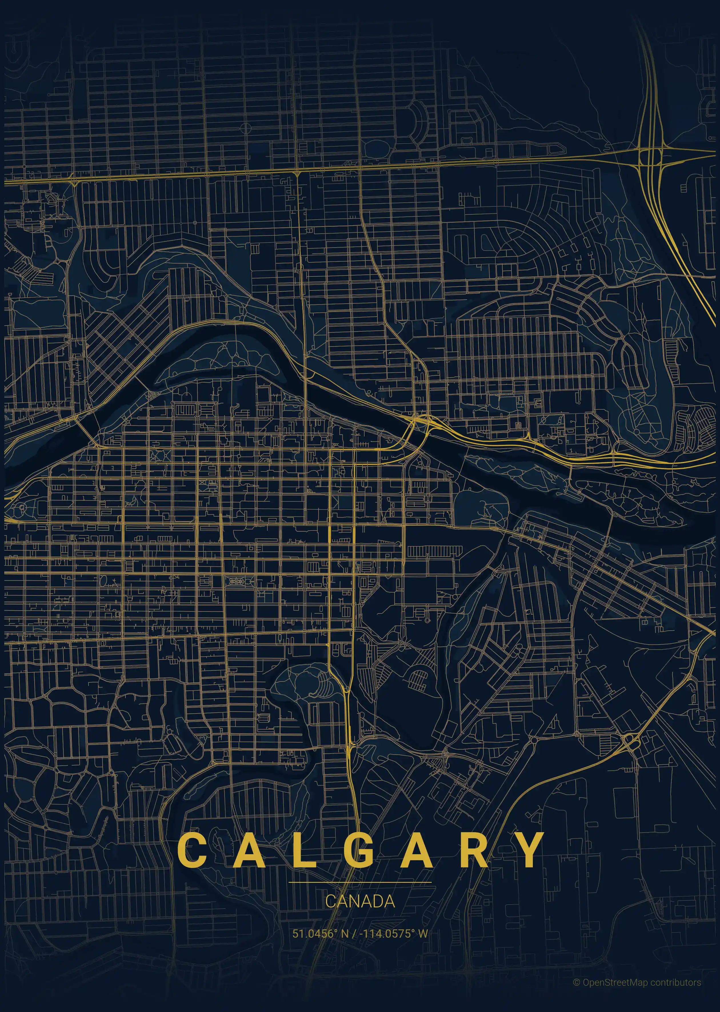 Minimalist midnight_blue street map of Calgary, Canada - Urban grid art